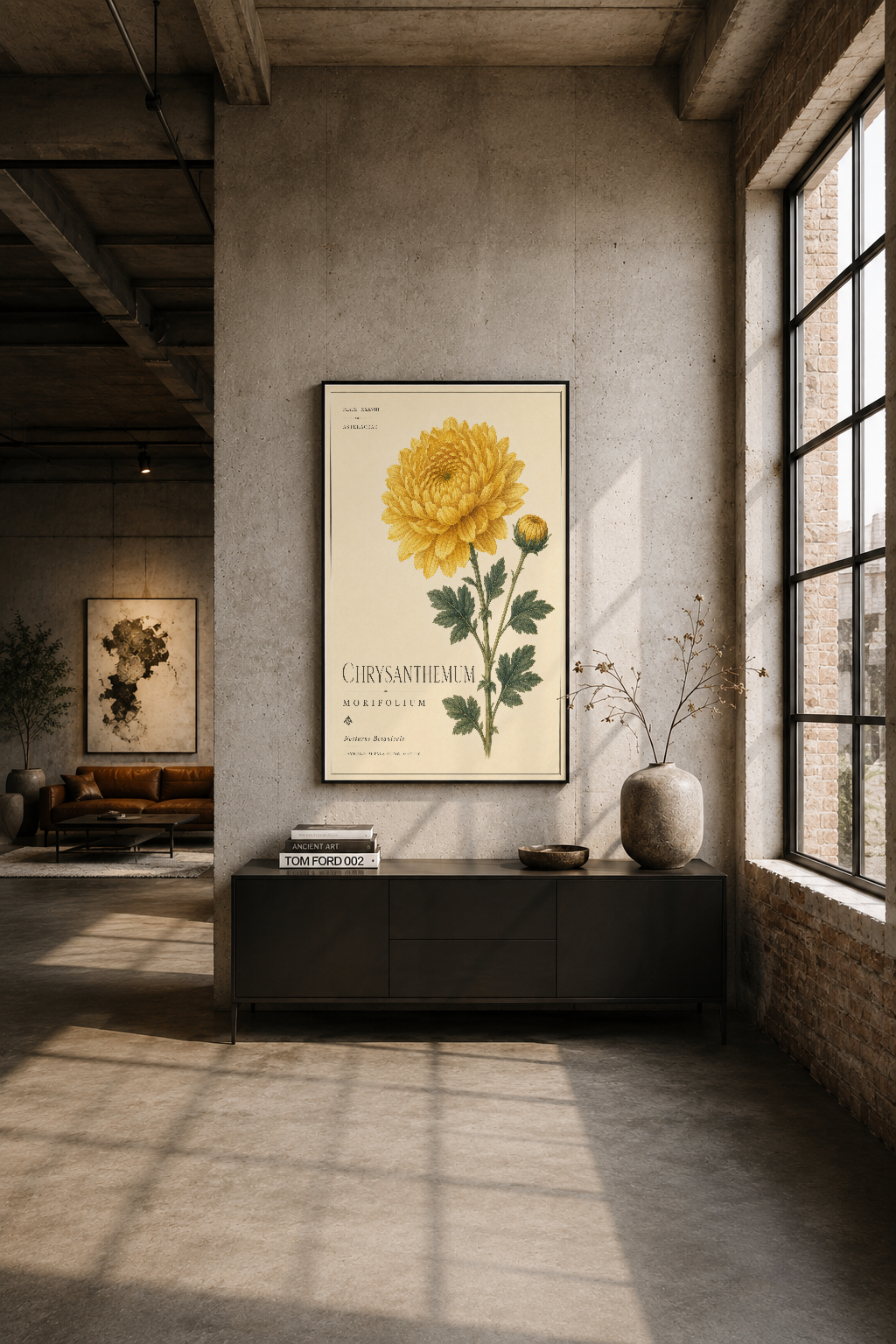 Endüstriyel loft stilde siyah çerçeveli chrysanthemum tablosu, beton duvar ve geniş pencereli mekanı dekorlayan sanat eseri.
