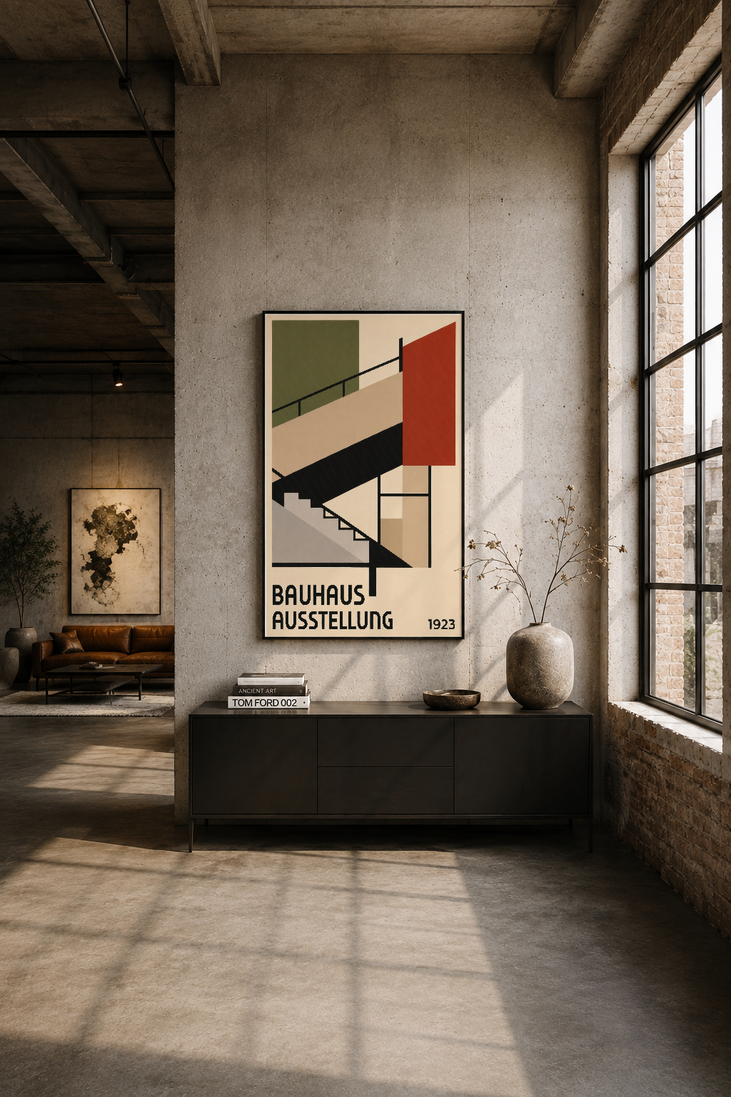 Modern endüstriyel bir oturma alanında siyah çerçevede, Bauhaus Ausstellung tasarımı duvar tablosu sergileniyor.