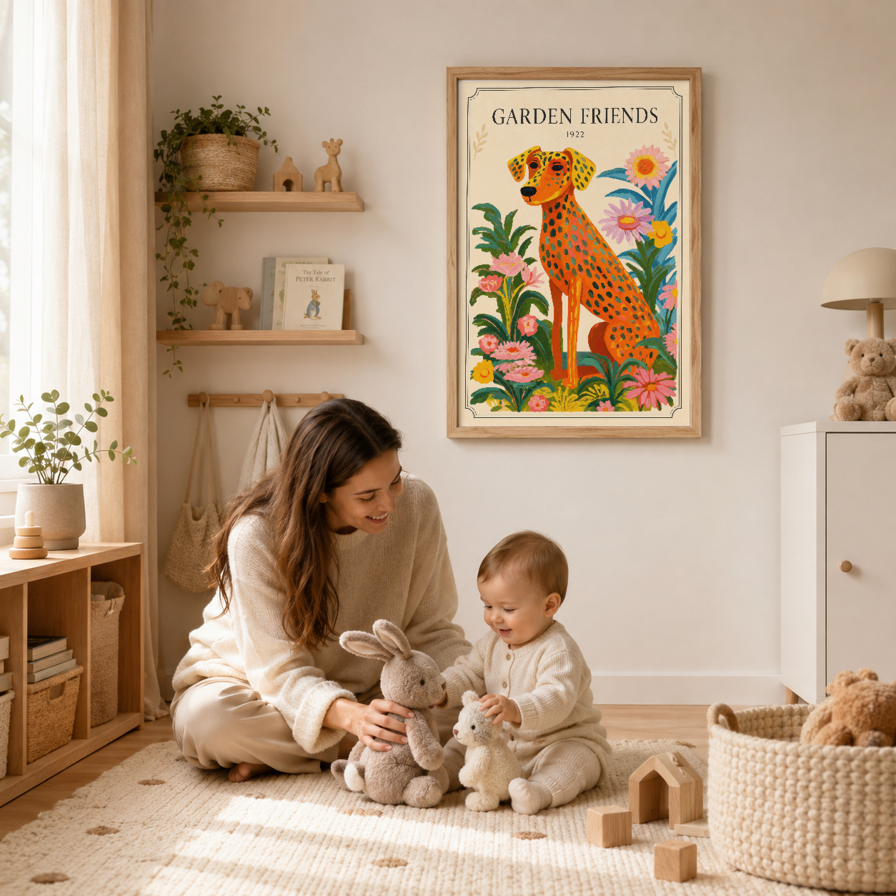 Çocuk odasında ahşap çerçeveli Garden Friends tablosu, turuncu köpeğin ve renkli çiçeklerin sevimli portresi.