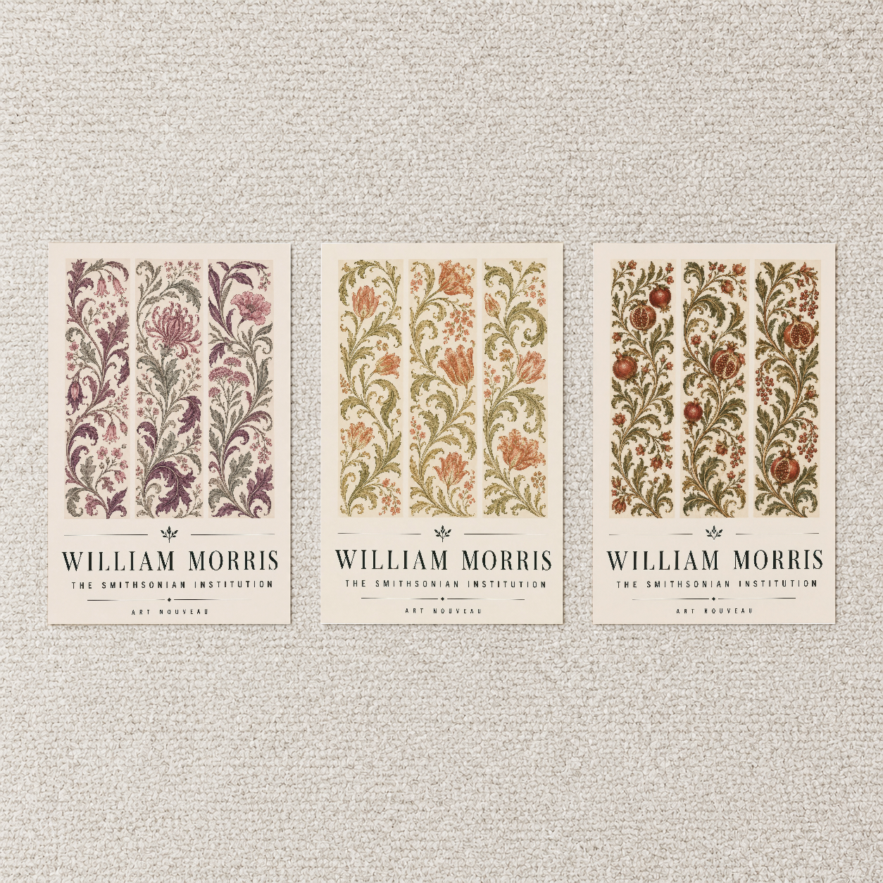 William Morris sanat tablosu üç paneli halı üzerinde sergilenen koleksiyonu.