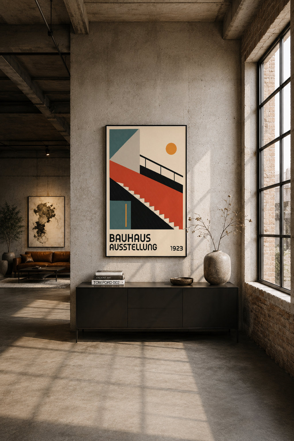 Modern loft odasında siyah çerçeveli Bauhaus Ausstellung tablosu, endüstriyel duvarla uyumlu minimalist estetik.