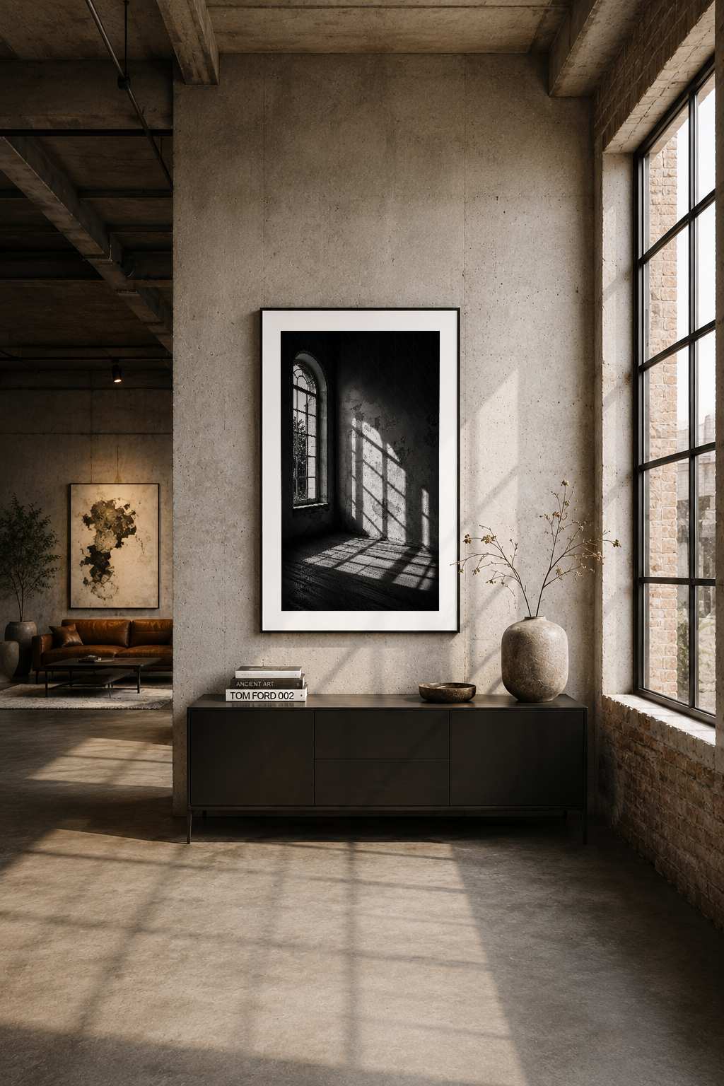 Modern loft alanında siyah çerçeveli mimari tablo, konsol masasının üstünde dekoratif şekilde sergilendi.