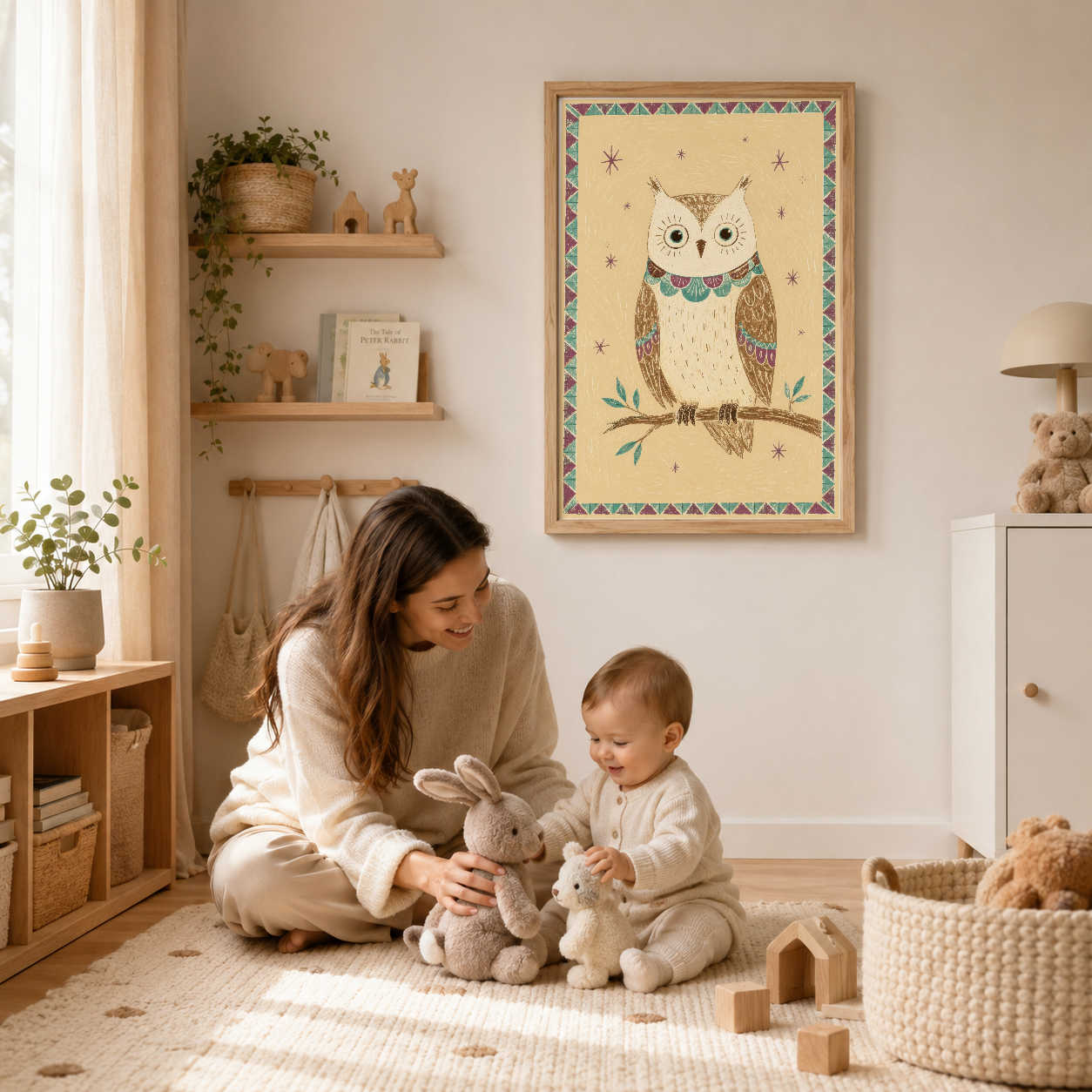 Çocuk odasında, ahşap çerçevede asılı boho baykuş tasarımı tablo, doğal ve samimi dekorda yer almış.