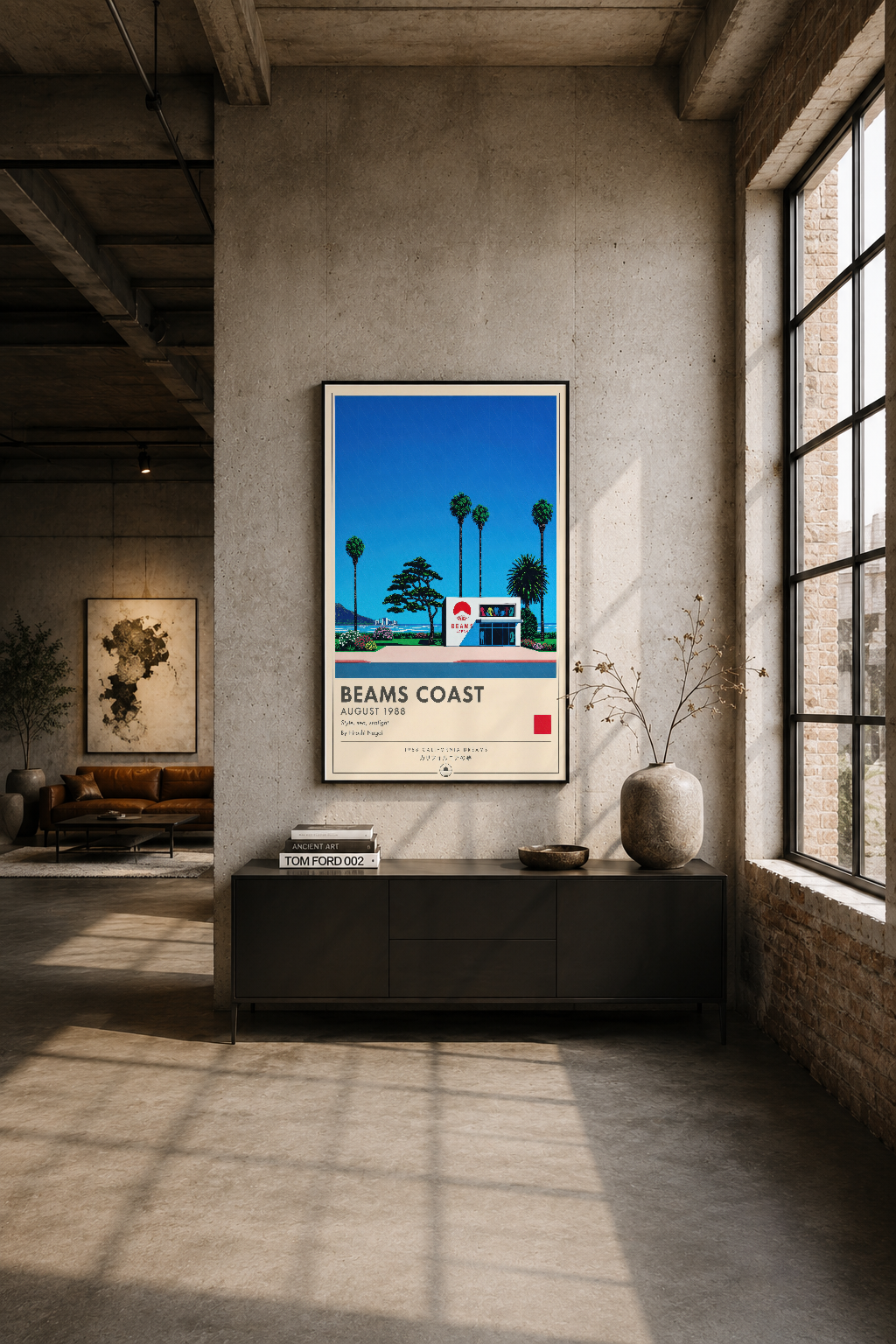 Beams Coast tablosu, endüstriyel tarzı bir loftta siyah mobilya üzerinde sergilenen çerçeveli poster dekorasyonu.