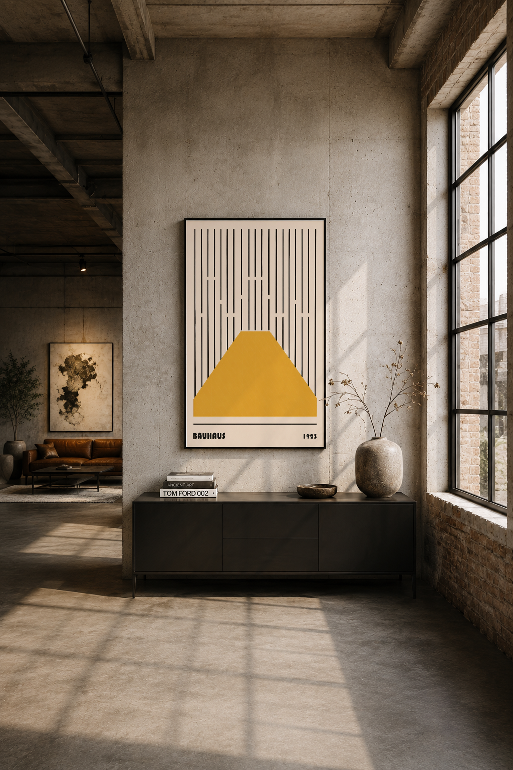 Industrial loft odasında siyah çerçeveli Bauhaus posteri, sarı dağ formu ve çizgili sanat tasarımı.