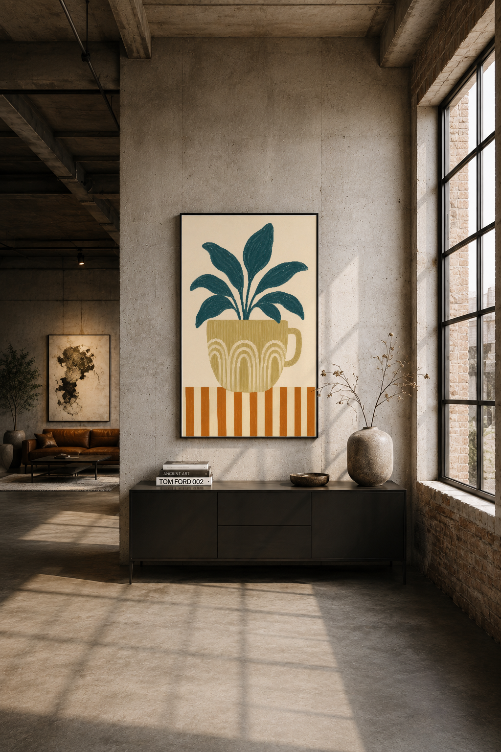 Endustriyel loft ortamında, siyah çerçeveli retro bitki posteri duvar sanatı.