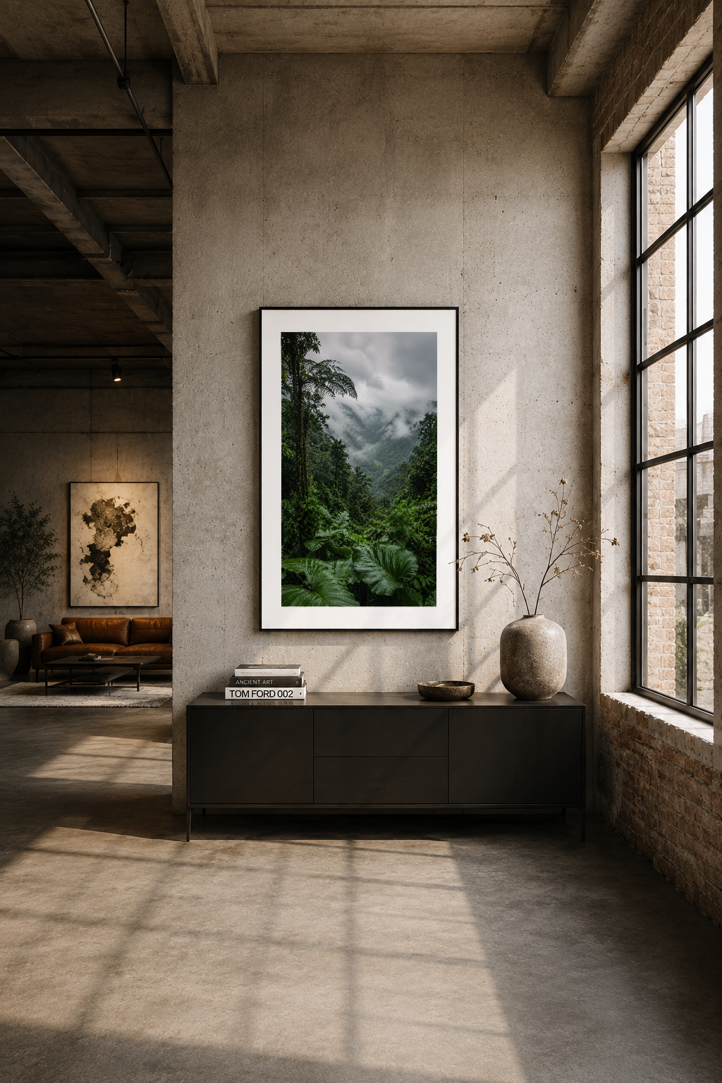 Modern endüstriyel loft alanında, siyah çerçeveli orman tablosu duvar dekorasyonu.