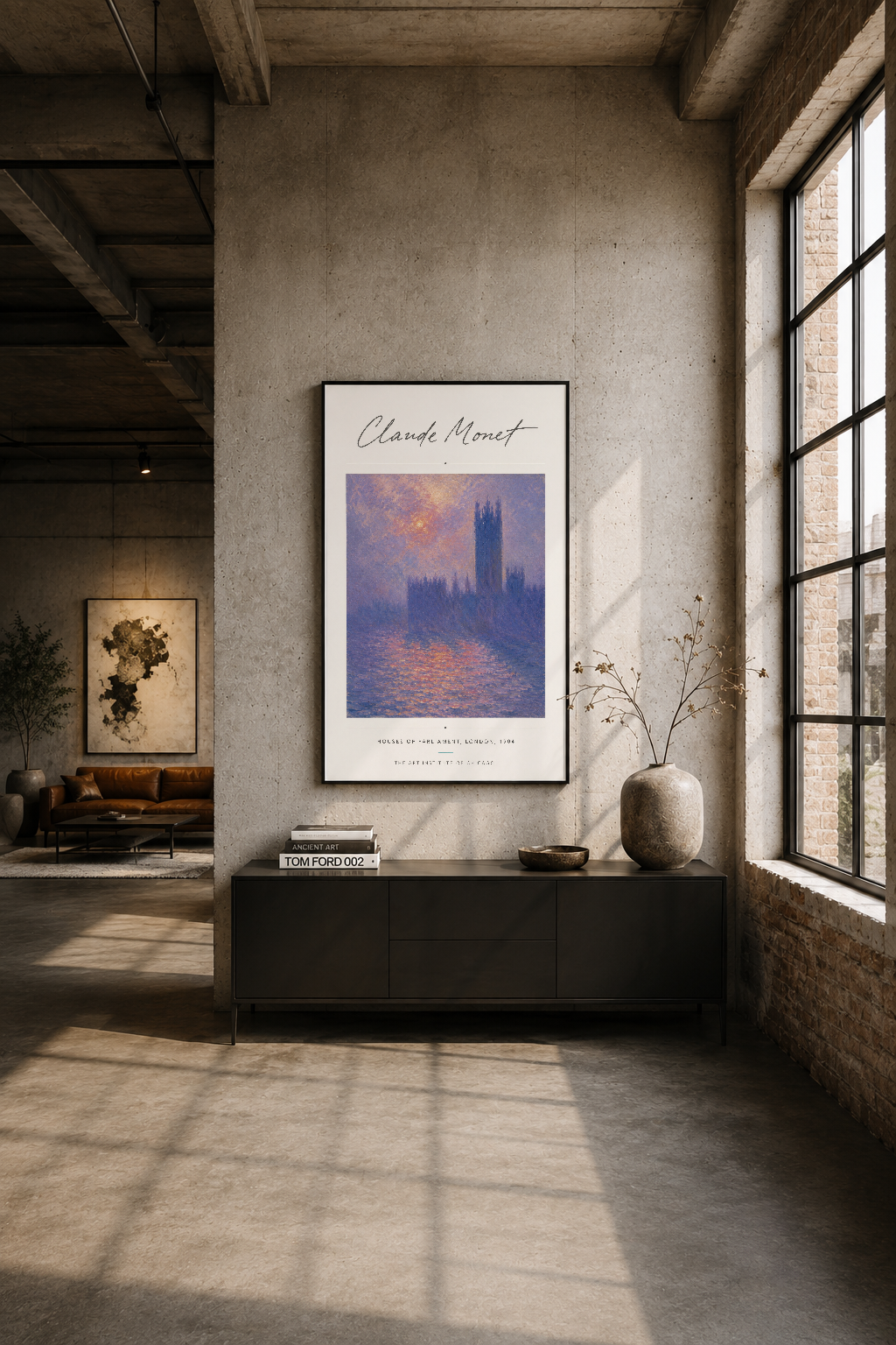 İndüstriyel tasarımda siyah dolap üstünde siyah çerçeveli Monet tablosu, minimalist iç mekan.