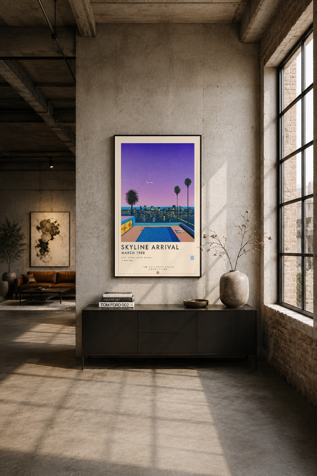 Modern loft duvarında siyah çerçeveli skyline tablosu, sürreal pembe-mavi gece manzarası görünümü.