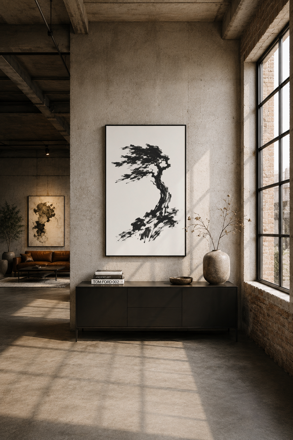 Industrial loft tasarımda, siyah çerçeveli ağaç tablosu, betonun üzerinde minimal ama güçlü varlık.