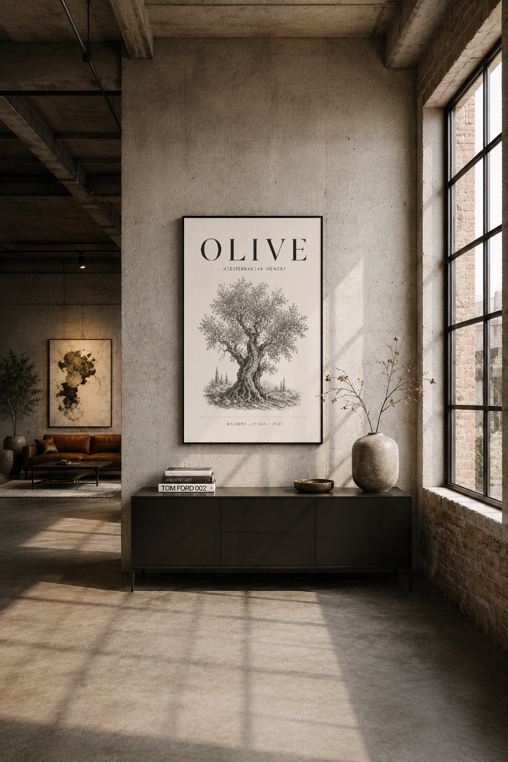 Industrial loft stilinde siyah çerçeveli zeytin ağacı posteri, beton duvar ve geniş pencere yanında sanat aksanı.