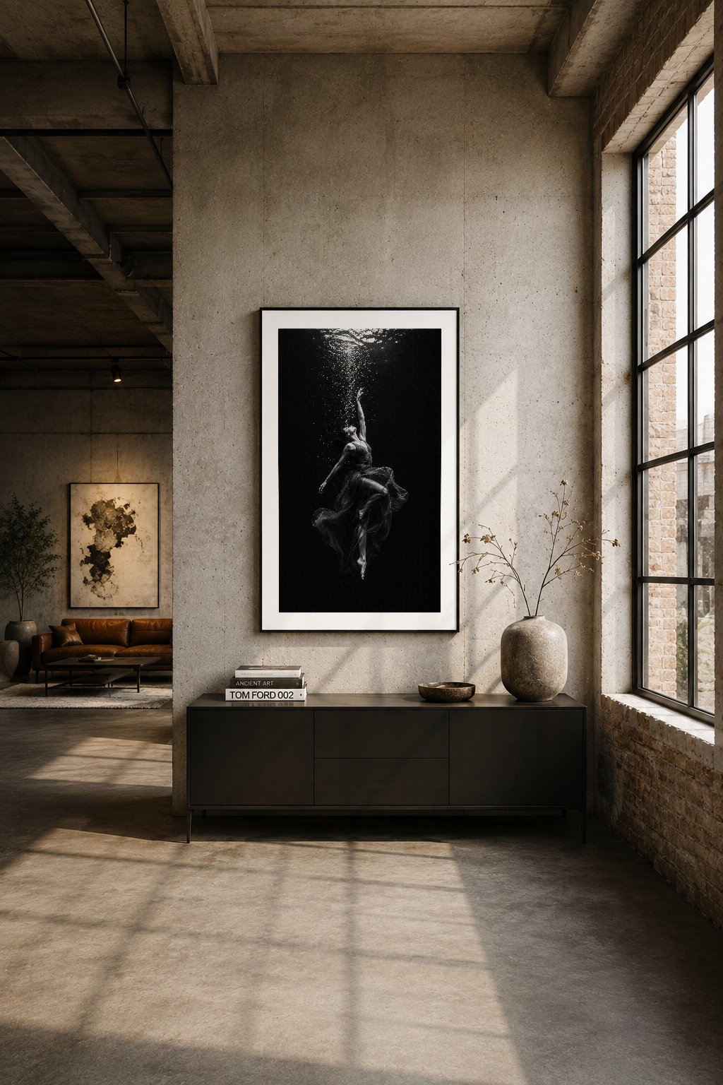 Industrial loft alanında, betonlu duvarda siyah çerçeveli sualtı dans tablosu, minimalist dekorasyon.