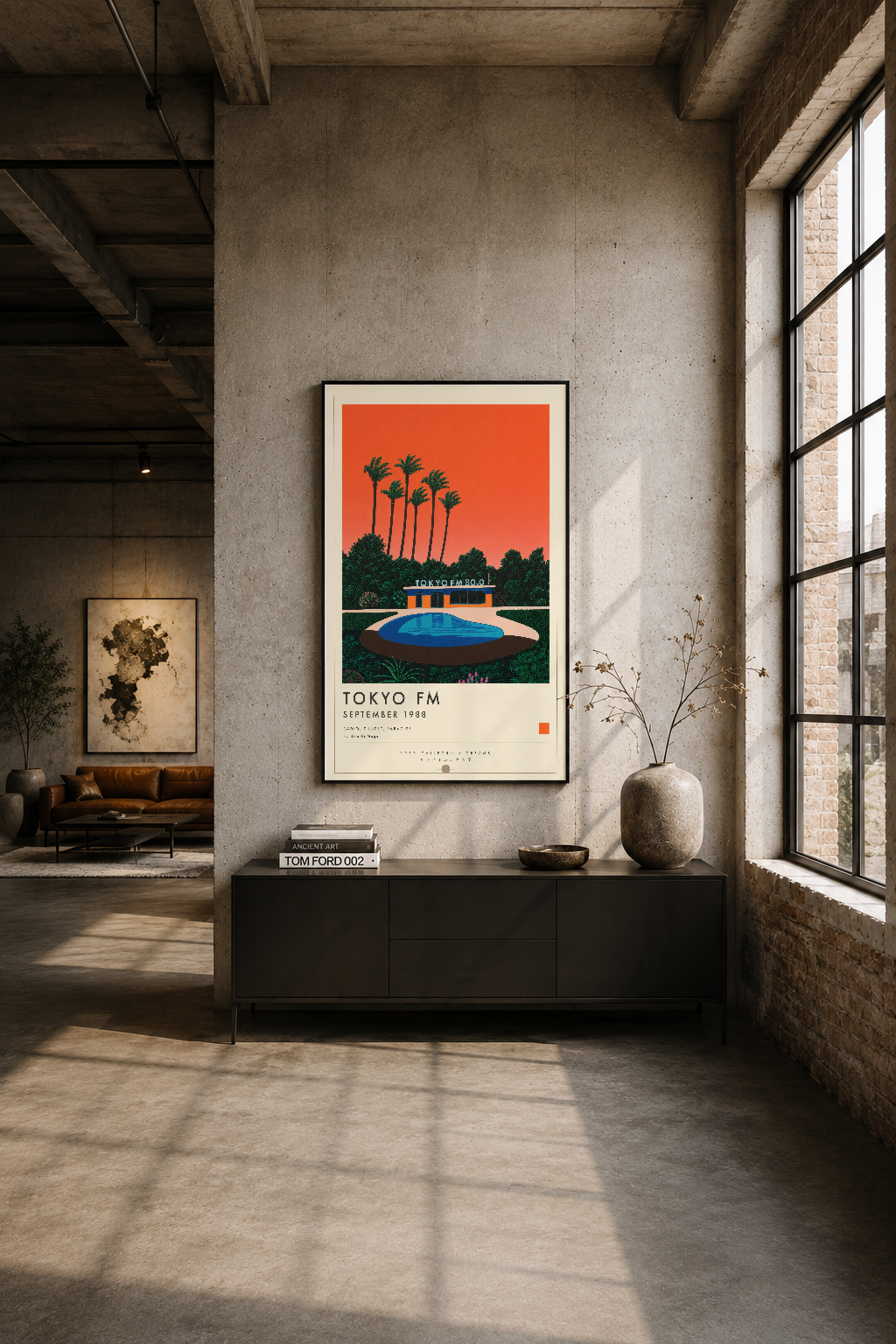 Modern loft oturma alanında siyah çerçeveli Tokyo FM posteri, beton duvar üstünde görkemli sergileme.