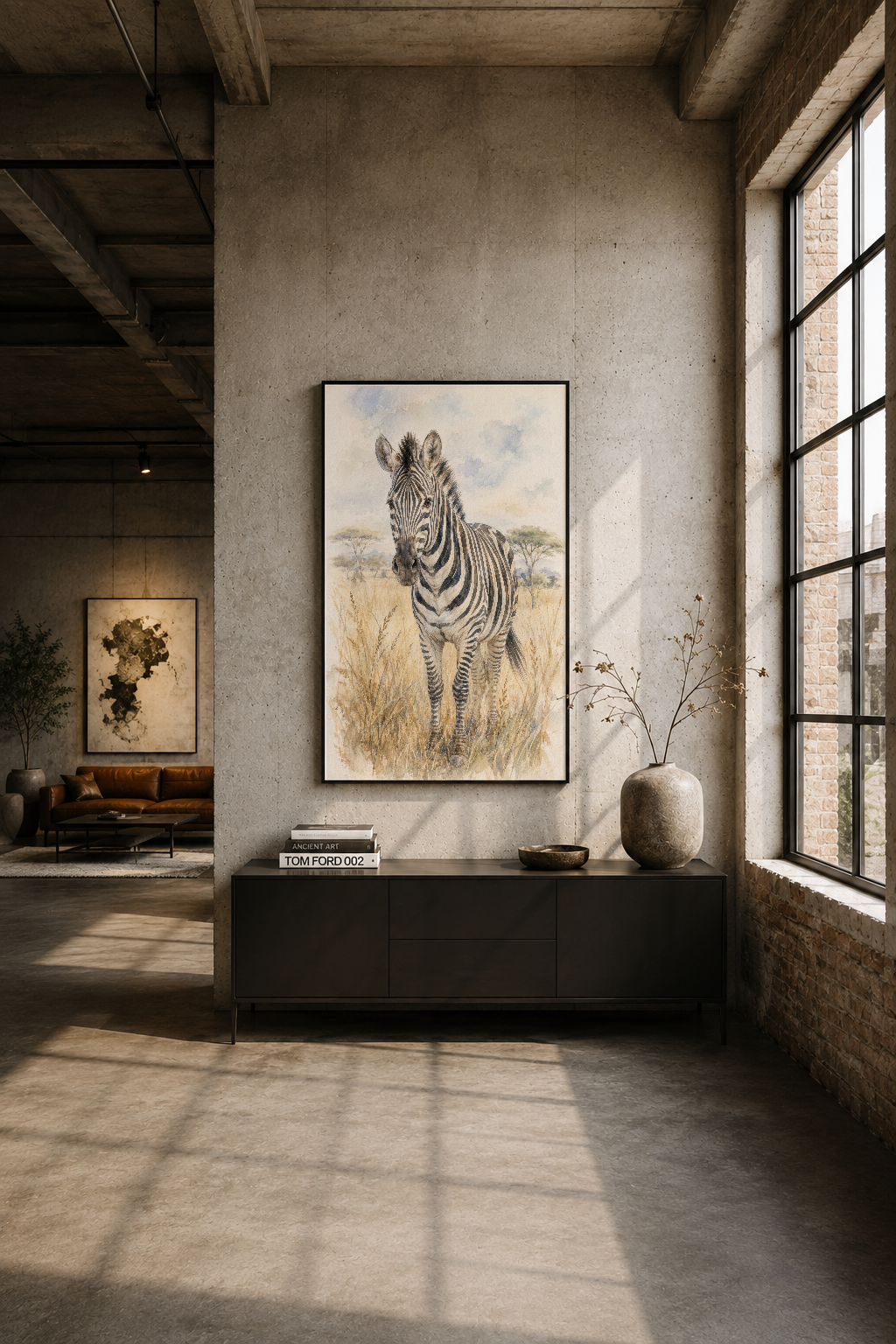 İndüstriyel oturumda siyah çerçeveli zebra tablosu; döşemeli pencerenin yanında.