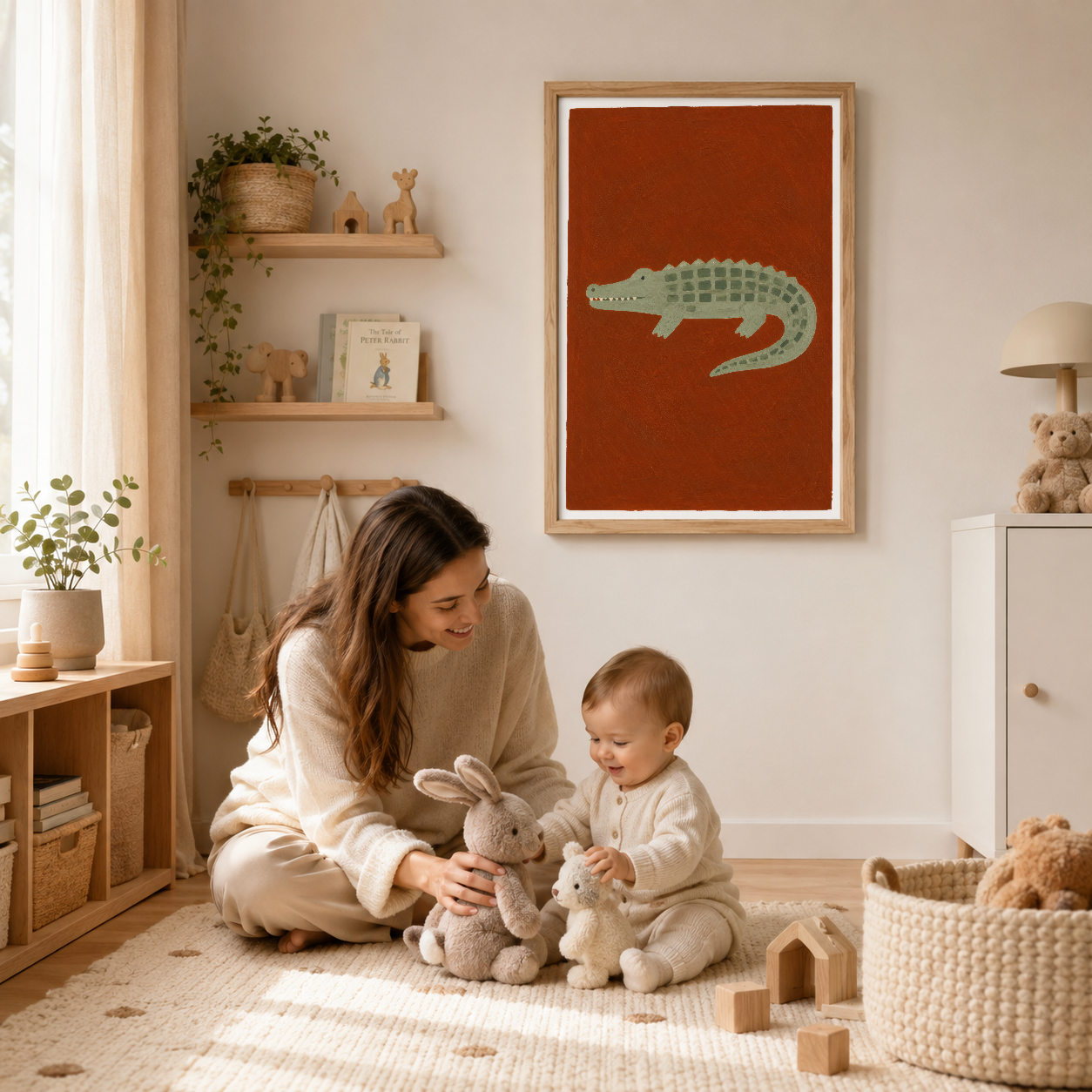 Çocuk oyun odasında ahşap çerçevedeki, terrakotta timsah tablosu dekorasyon.