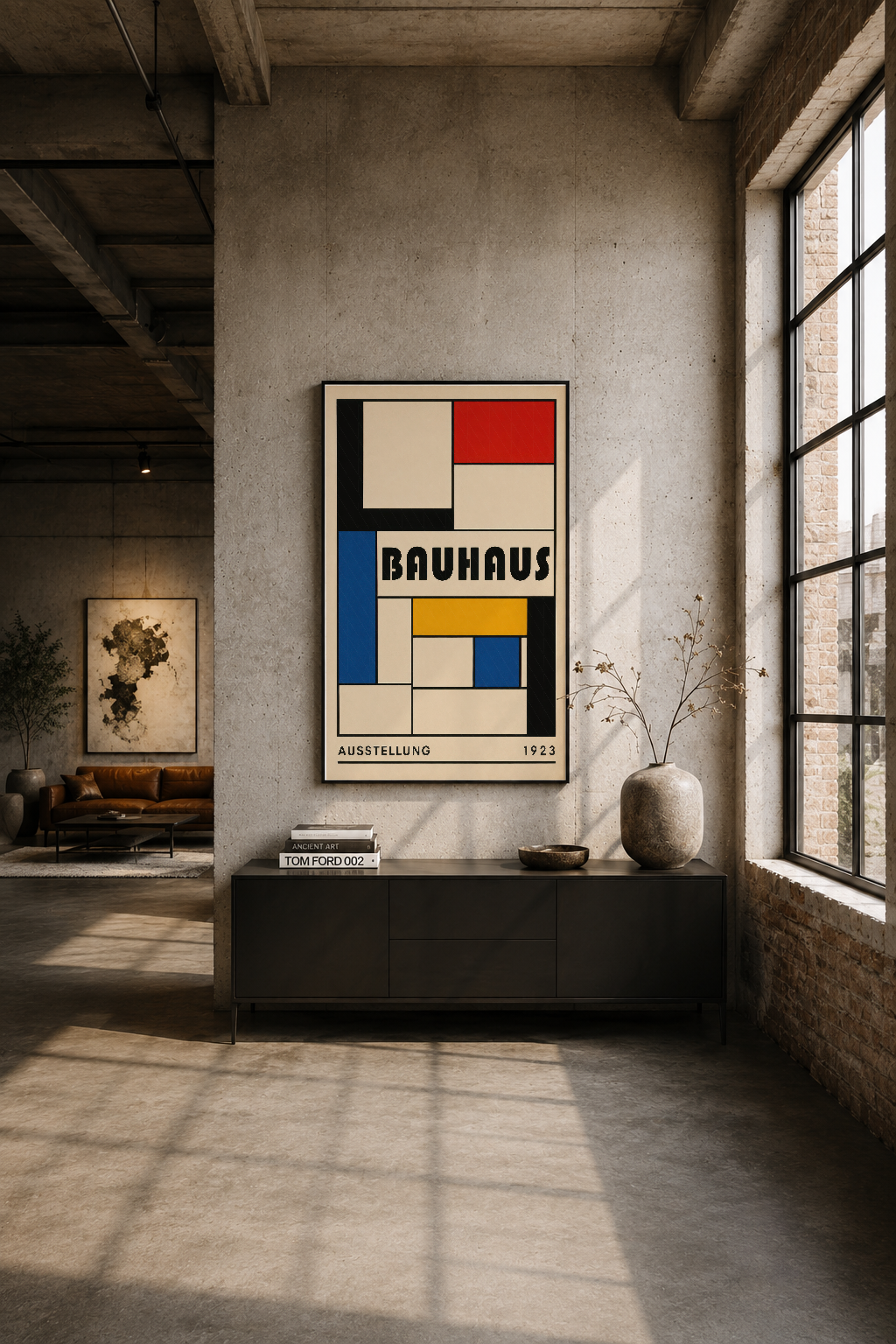 Modern endüstriyel loft'ta siyah çerçeveli Bauhaus tablosu, betonlu duvar ve geniş pencere tasarımında sergileniyor