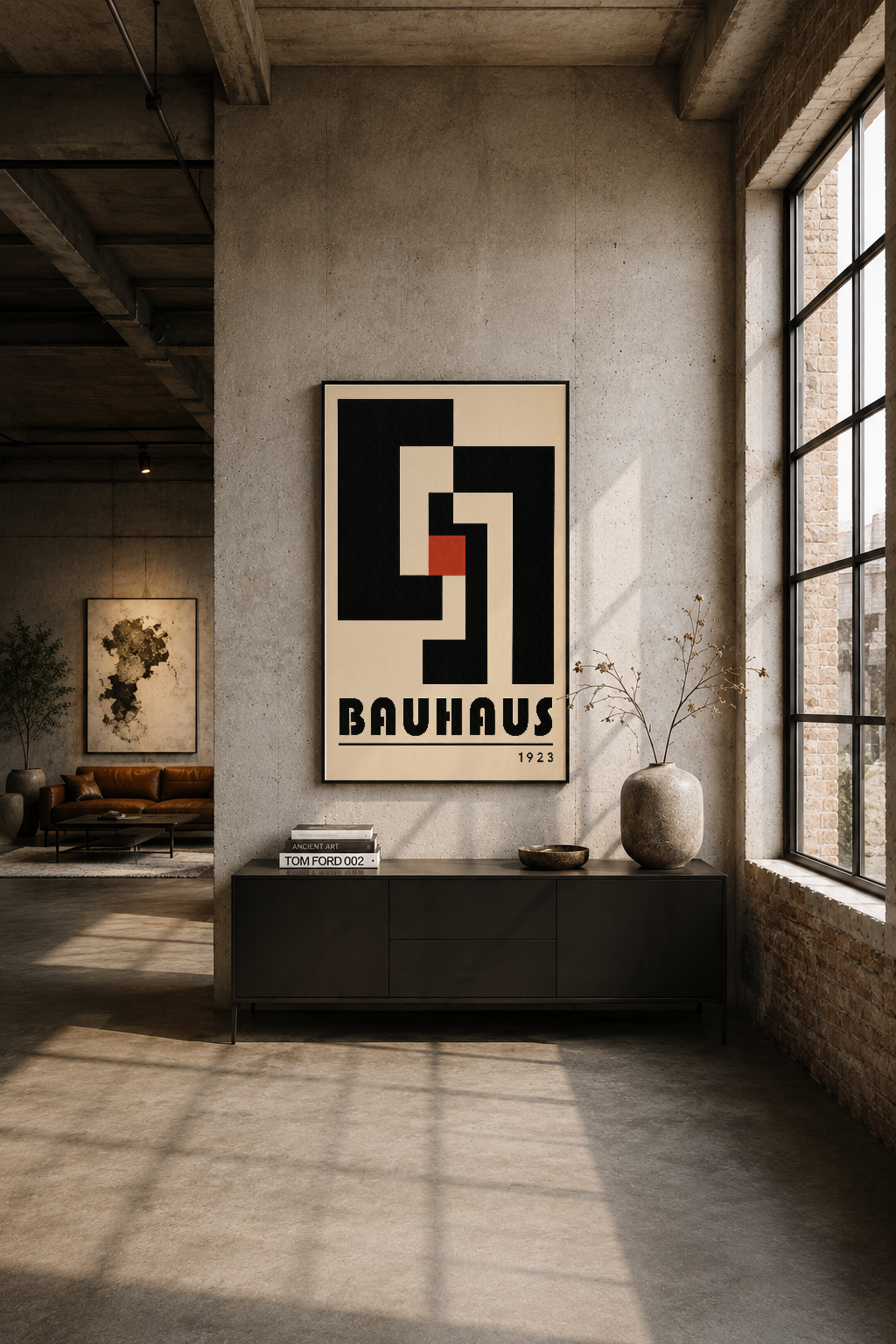 Modern endüstriyel ofiste betonlu duvara asılı, özgün Bauhaus baskı tasarımı.