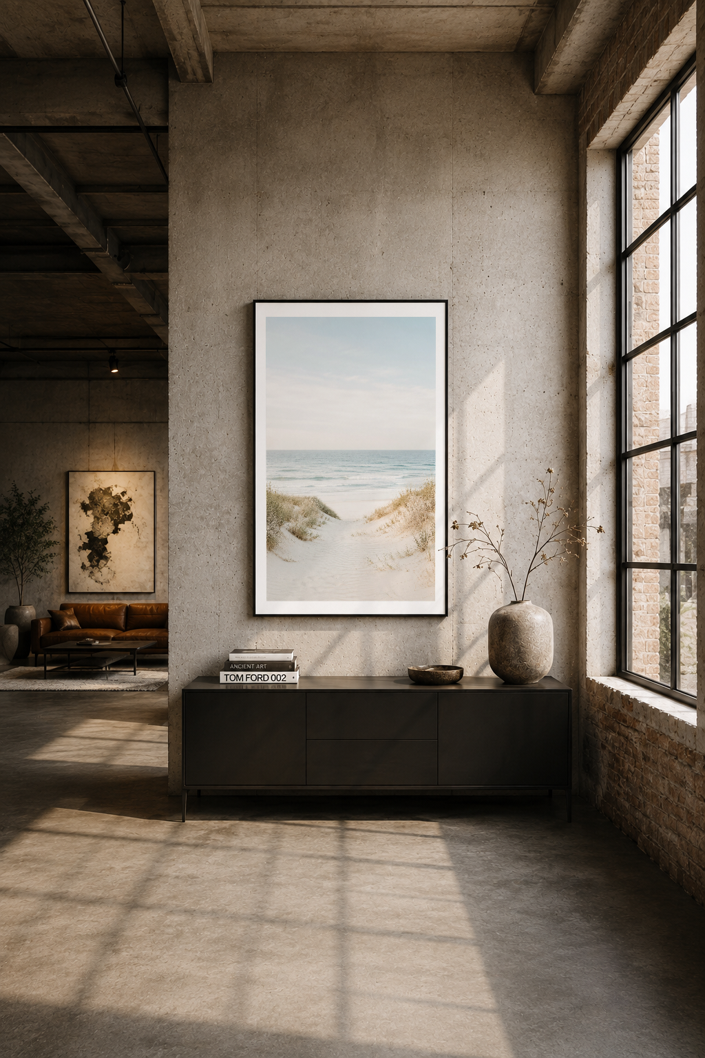 Industrial tarzı mekanda siyah çerçeveli deniz sahil tablosu, betonlu duvar üzerinde minimalist sanat parçası.