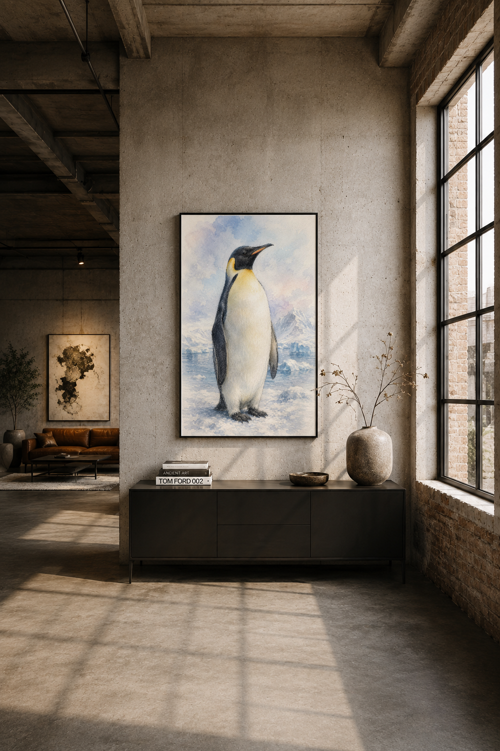 Modern endüstriyel alanda beige duvara asılı penguen resmi, siyah başlık üzerinde, minimalist yapı.