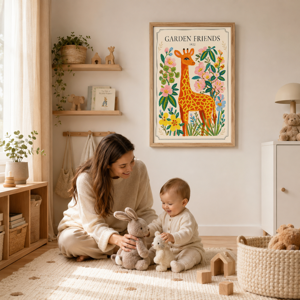 Çocuk odasında ahşap çerçeveli Garden Friends tablosu, turuncu zirafa ve renkli çiçek tasarımı ile dekorasyon.
