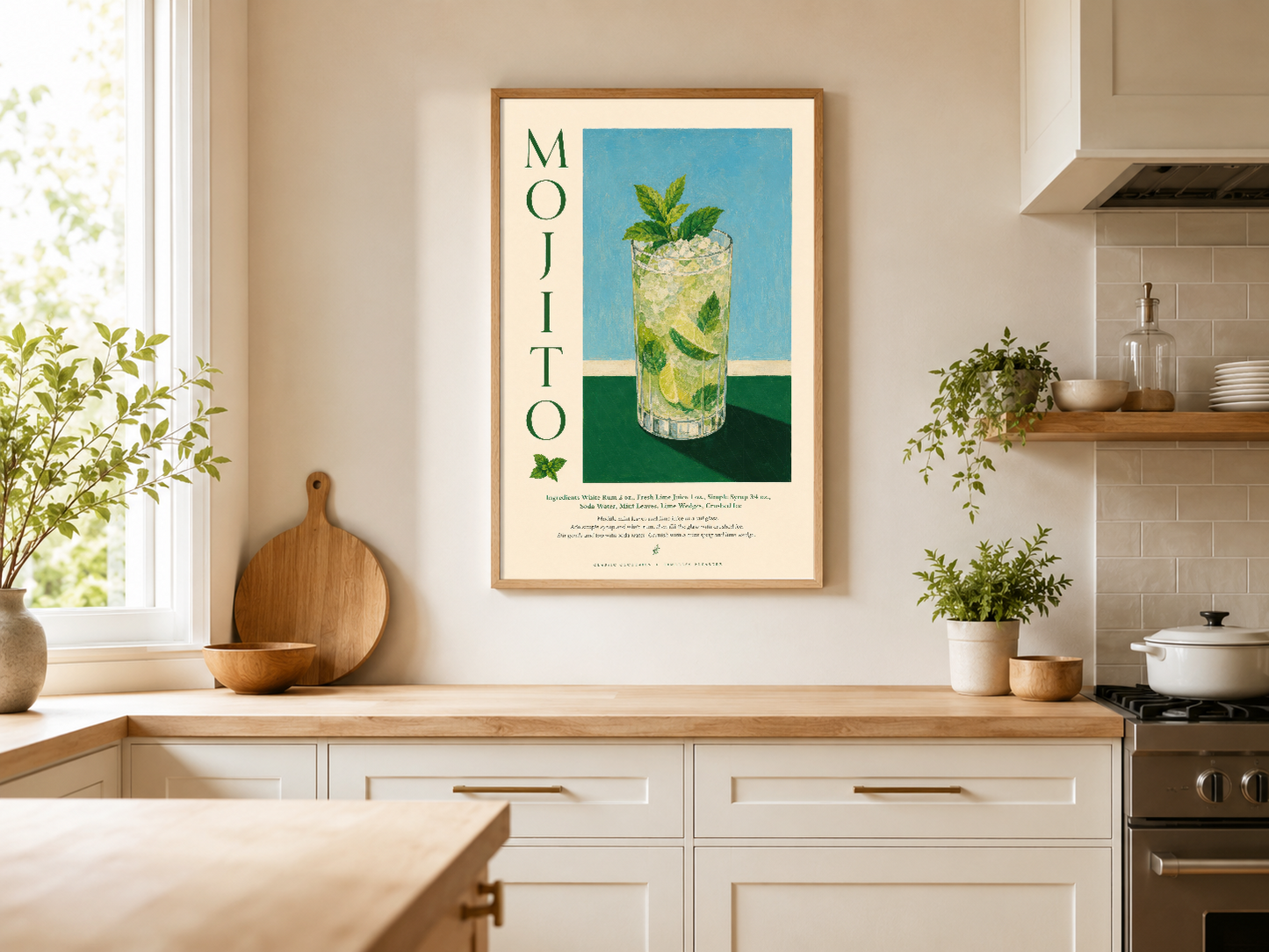 Açık mutfakta ahşap çerçeveyle sergilenen Mojito posteri, taze bitkiler arasında sofistike bir atmosfer yaratıyor.
