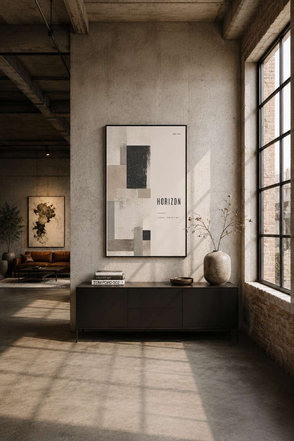 İndüstriyel loft alanında, siyah çerçeveli Horizon tablosu büyük duvar dekorasyonu olarak.