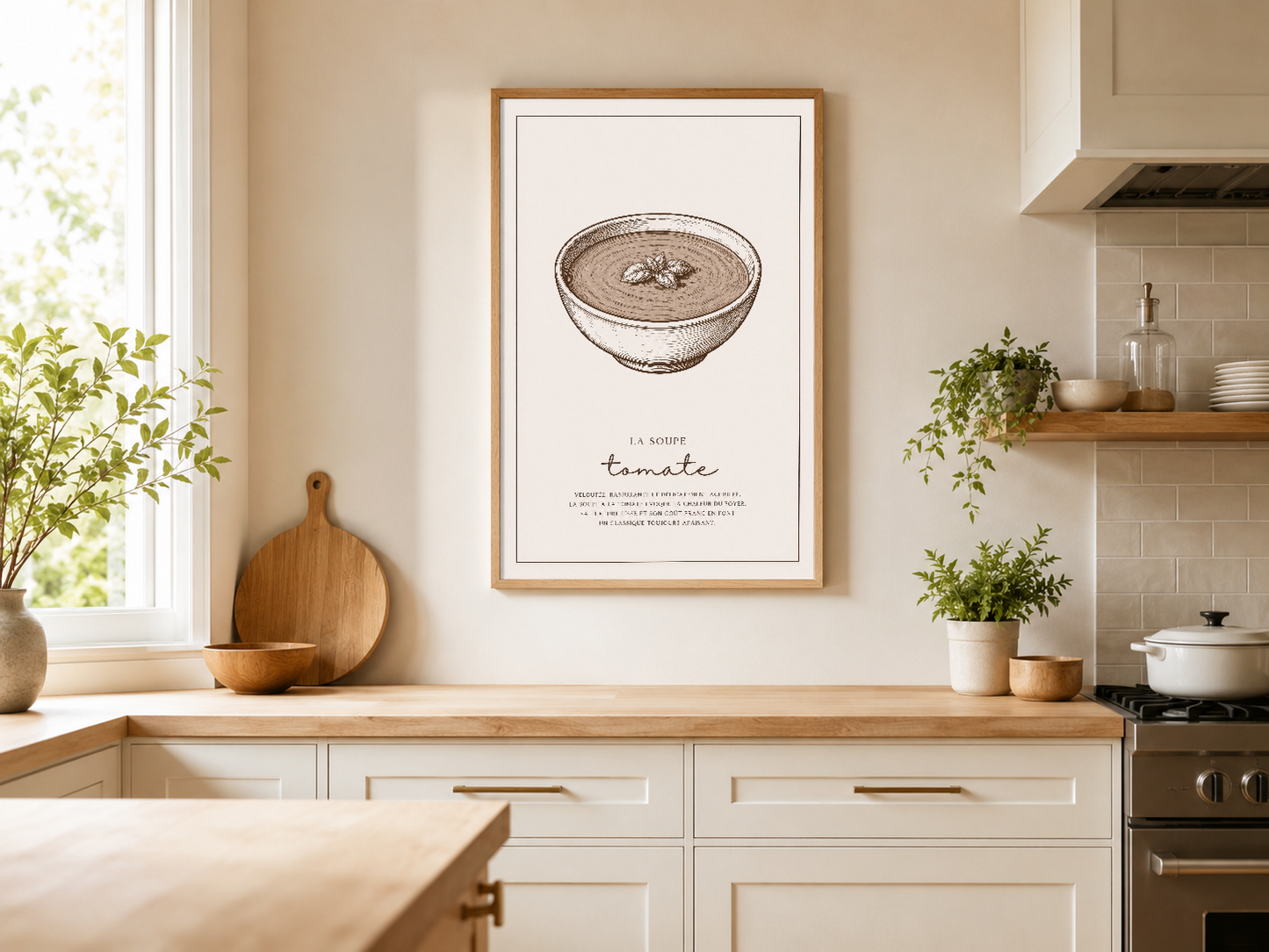 Mutfak tezgahının üstünde, ahşap çerçeveli La Soupe Tomate posteri, modern aşçı alanında sofistike görünüm sağlar.