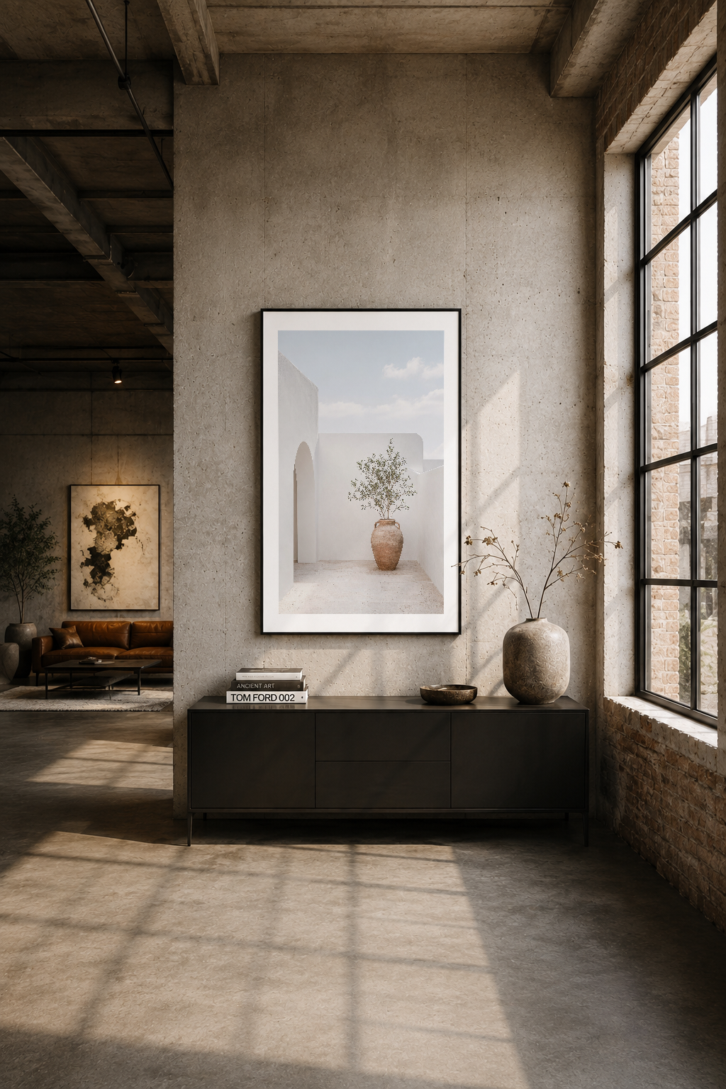 Modern endüstriyel loft'un beton duvarında siyah çerçeveli tablo, oturma alanının üstünde sergileniyor.