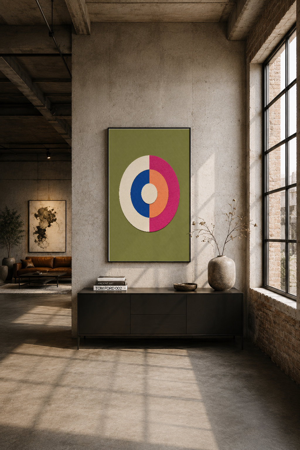 Endüstriyel tarzı mekanında duvarı süsleyen canlı renkli halka tasarımlı poster, mekana sanat katıyor.