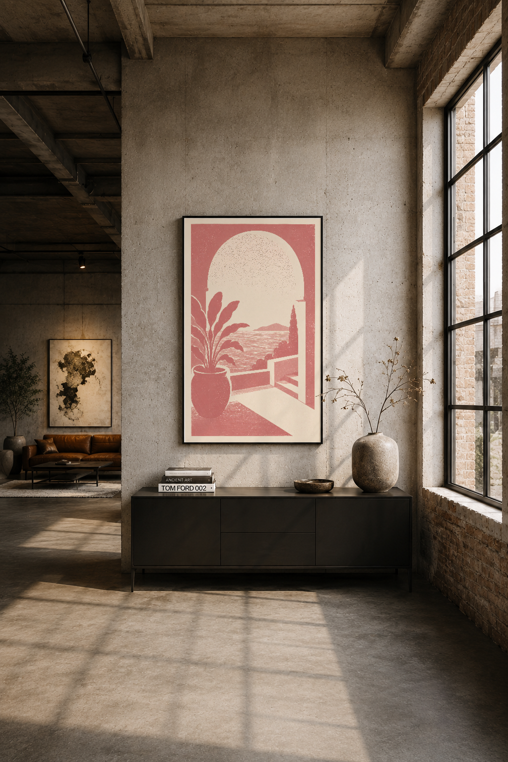 Endüstriyel alanında siyah çerçeveli poster, minimalist iç tasarımda etkileyici duvar aksesuarı.