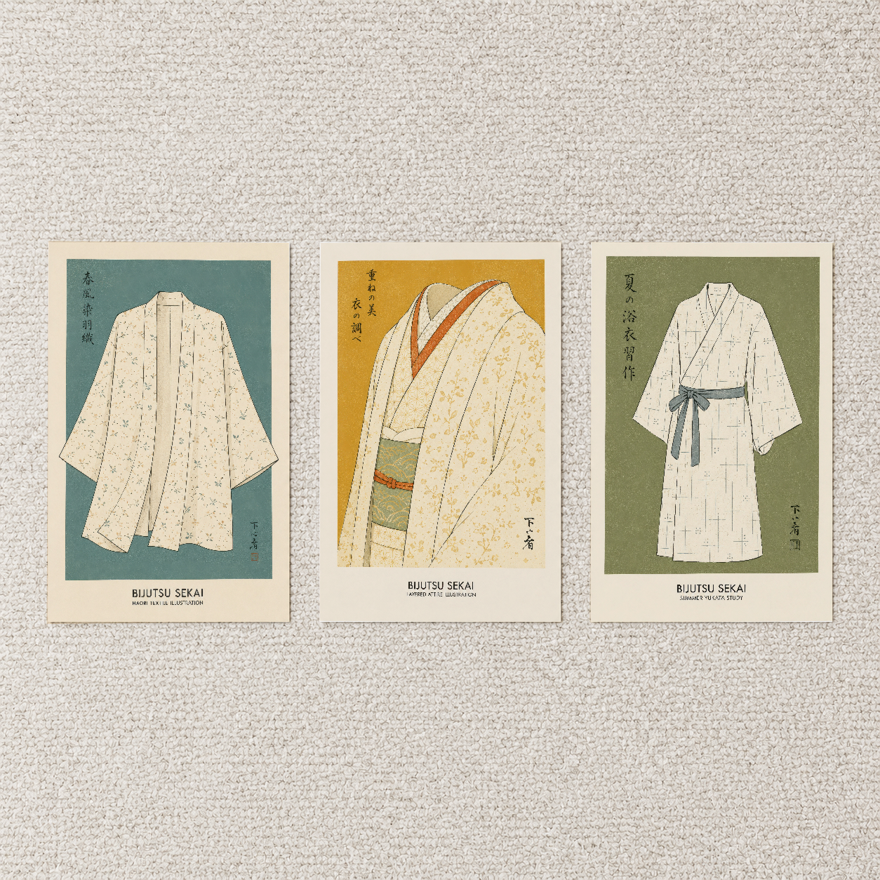 Üç parçalı vintage tablo seti, dokulu halı üzerine sergilenen otantik Japon moda tasarımları gösteriyor.