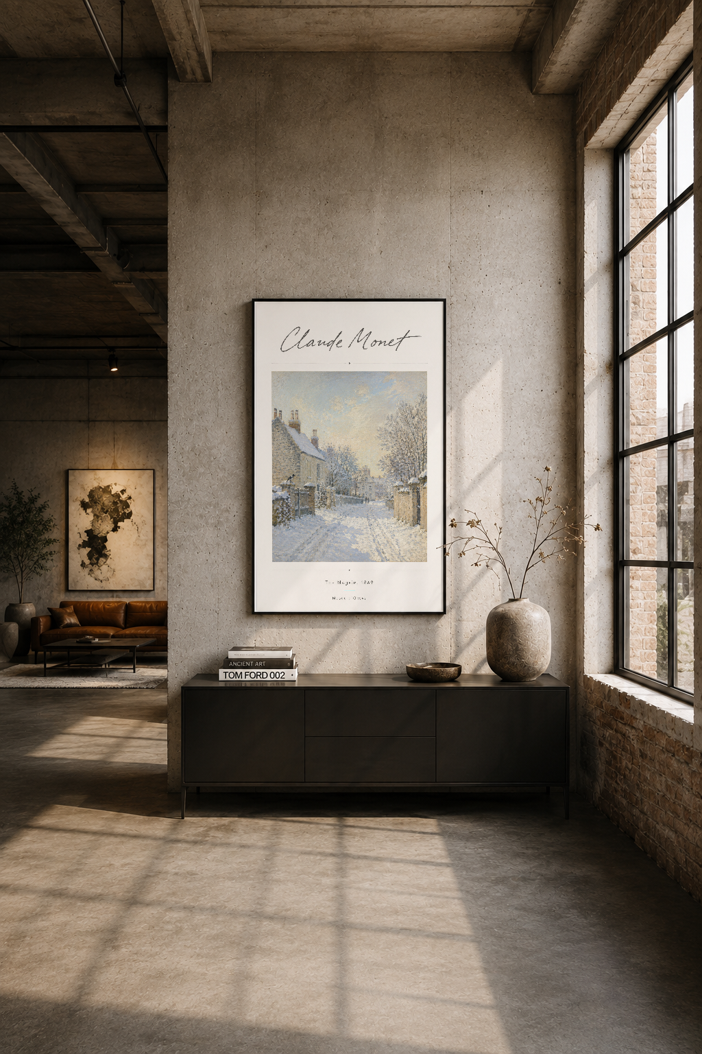 Endustriyel oturma odası duvarında Monet afişi, kış atmosferi sunan sanat eseri.