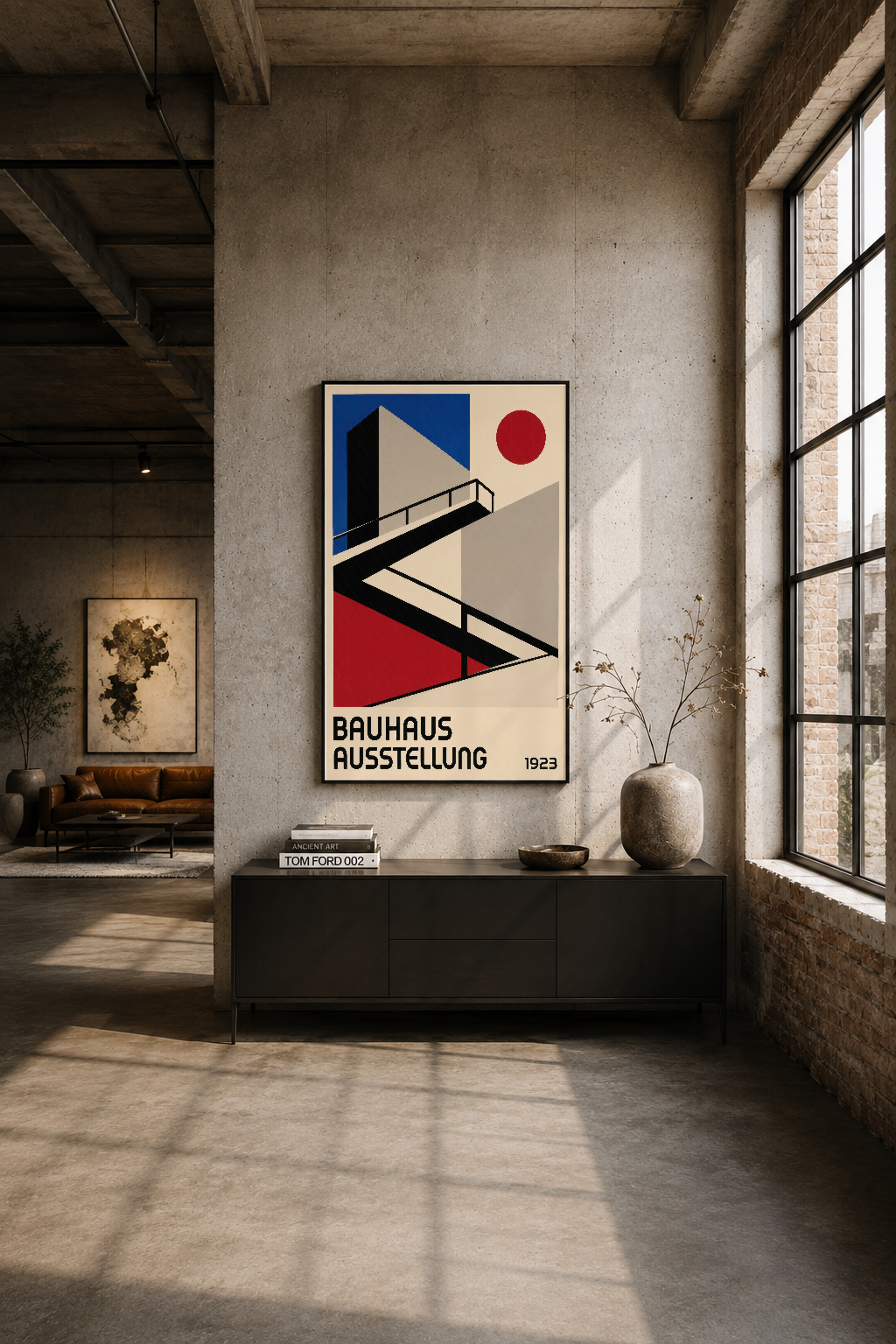 Endüstriyel oturma alanında duvarına asılan Bauhaus 1923 sergisi tablosu, geometrik merdiven tasarımı.