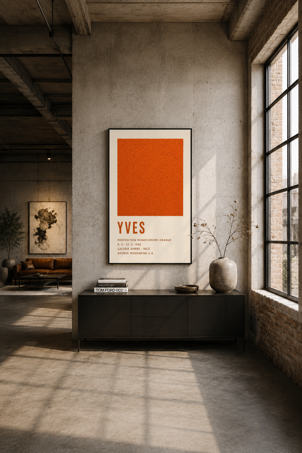 Endüstriyel loft tarzı iç mekan duvarında, siyah çerçeveli Yves Klein turuncu monokrom tablosu.
