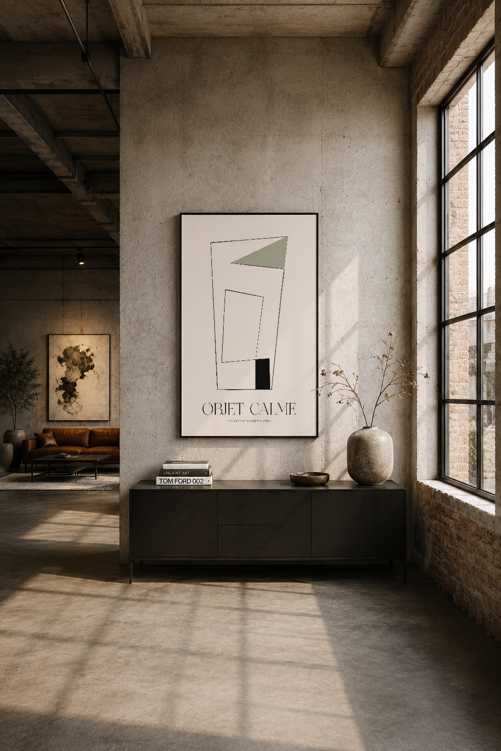 Industrial loft ortamında duvar üzerine asılı Objet Calme tablosu, modern şık dekorasyonu