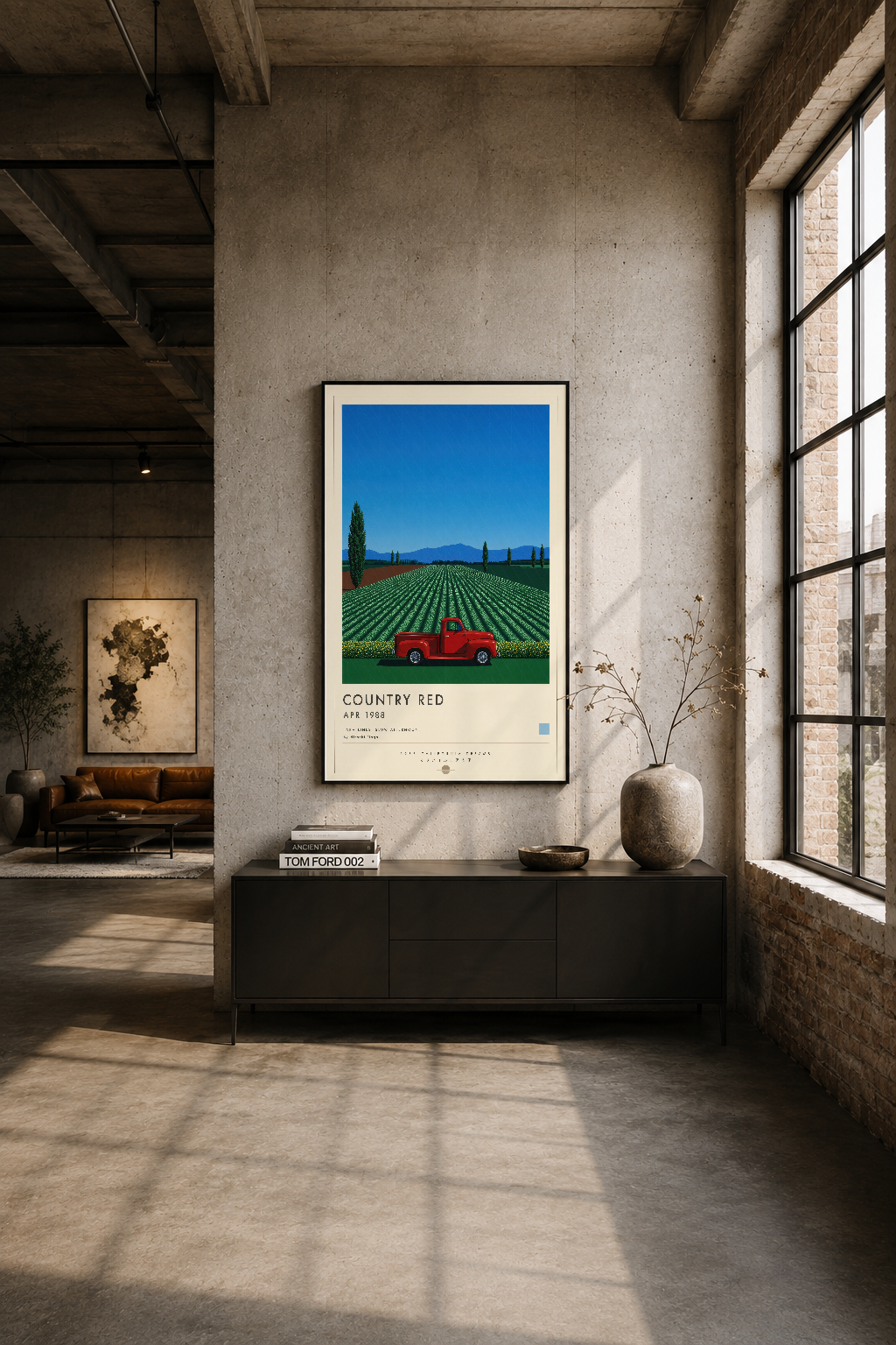 Industrial tarzı geniş mekanda, Country Red tablosu minimalist siyah konsol üzerinde duvar sanatı olarak.