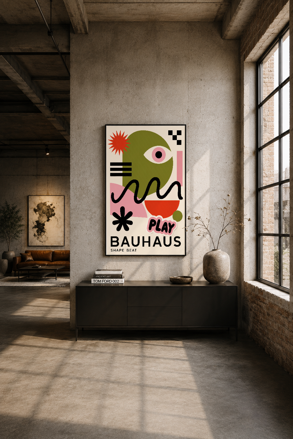 Industrial loft tarzı beton duvara asılı Bauhaus Play Shape Beat tablosu, çağdaş sanat vurgusu.