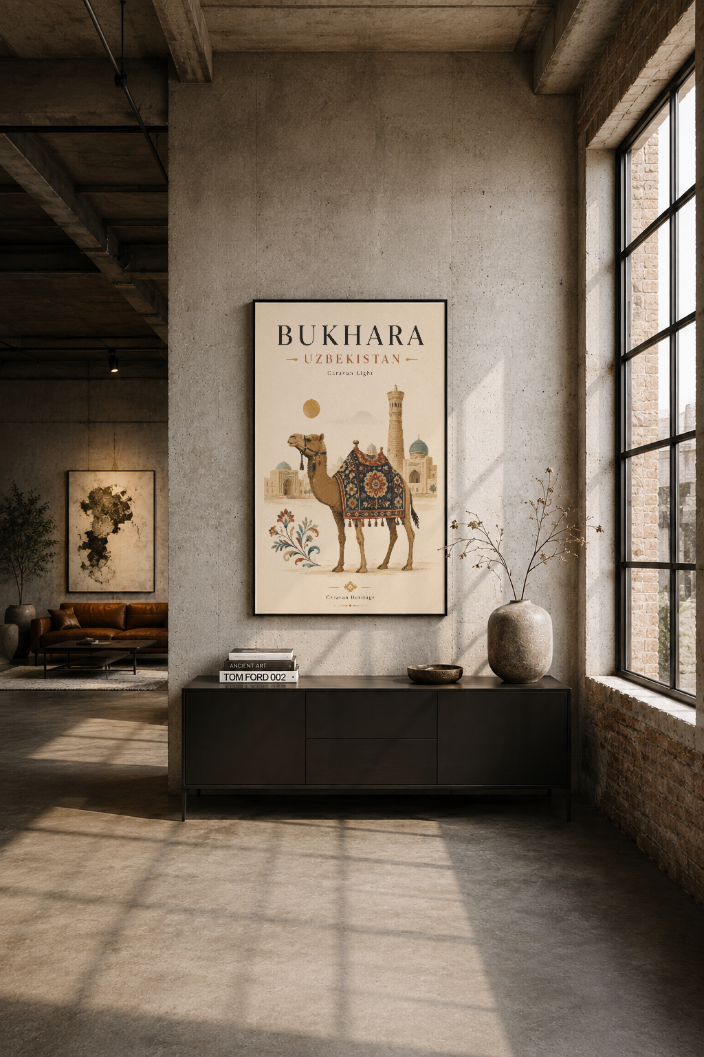 Modern endüstriyel oturma alanında Bukhara Özbekistan tablosu, siyah konsol üzerinde sergilenen etkileyici poster.