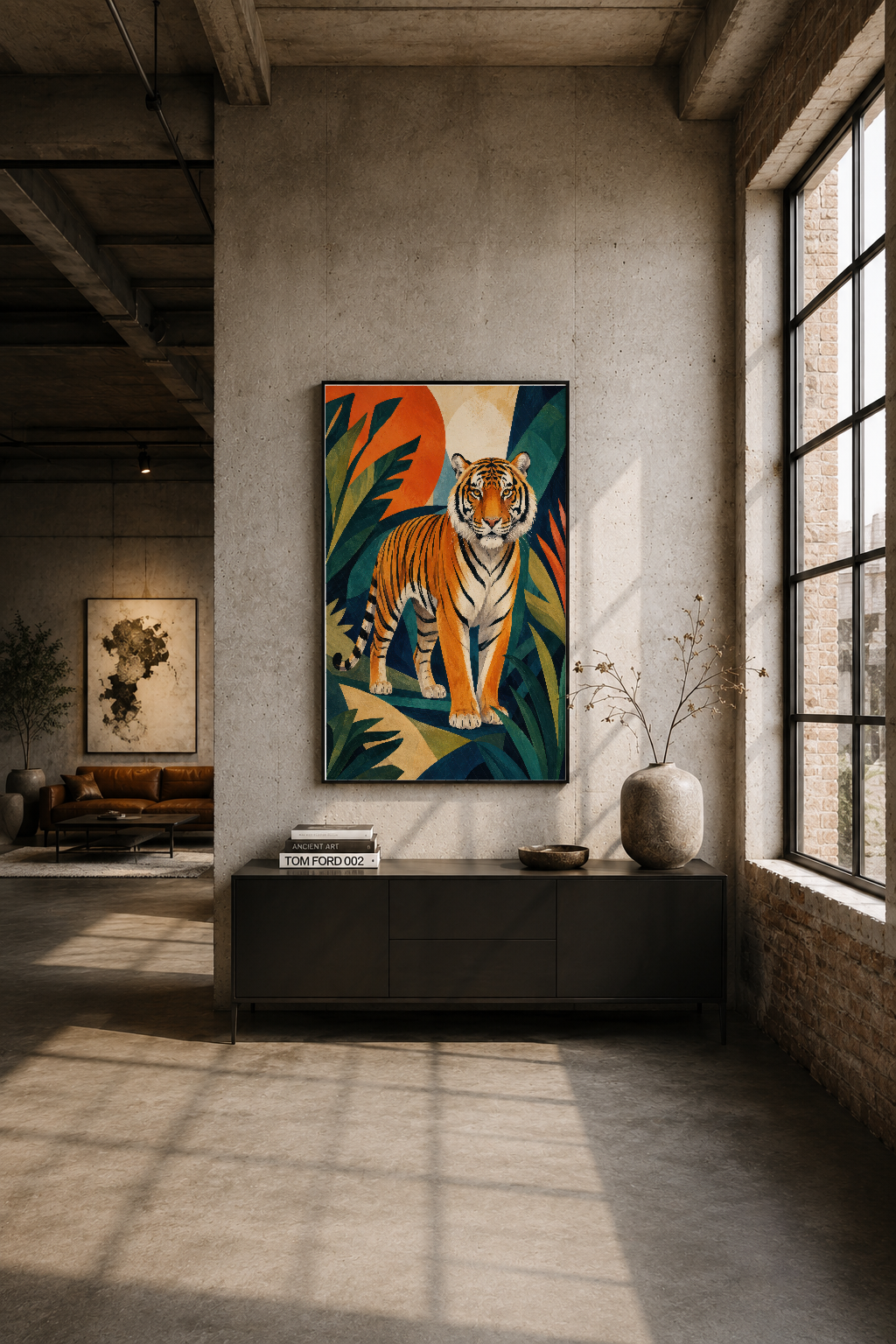 Endüstriyel loft alanında siyah çerçeveli tiger tablosu, betonlu duvarla karşı kontrast yaratarak işık içinde parlar.