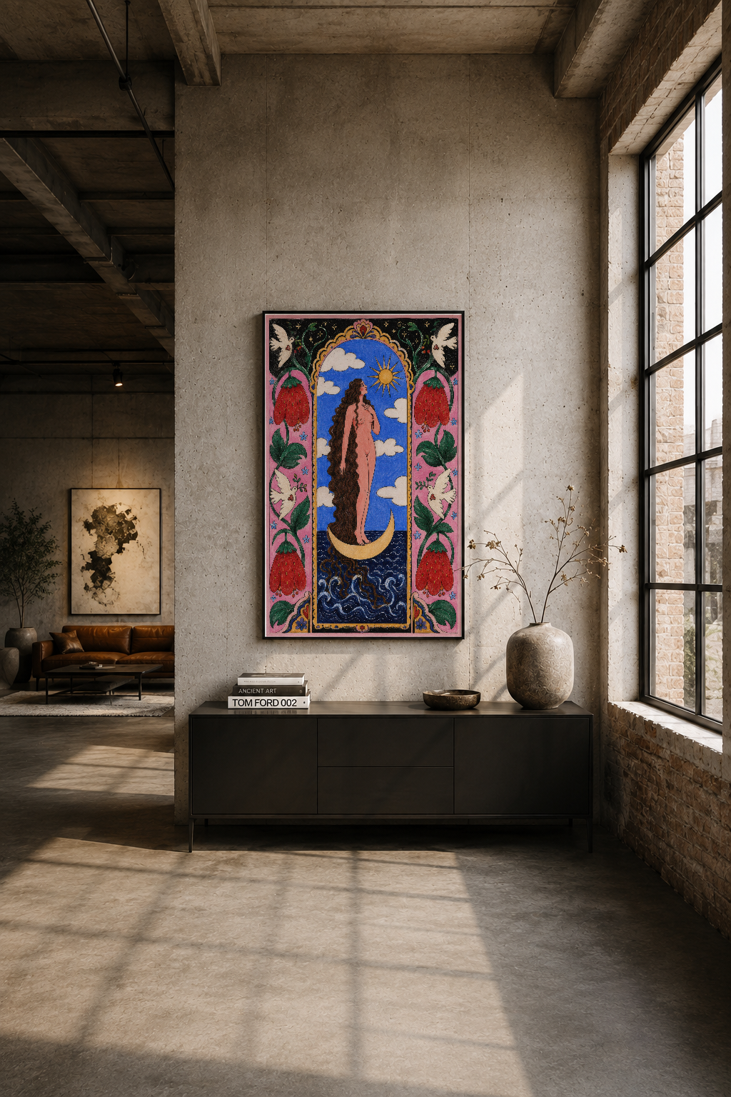 Modern loft stilinde gri duvarın üzerinde asılı, mistik çiçek ve ay tasarımlı sanat tablosu.