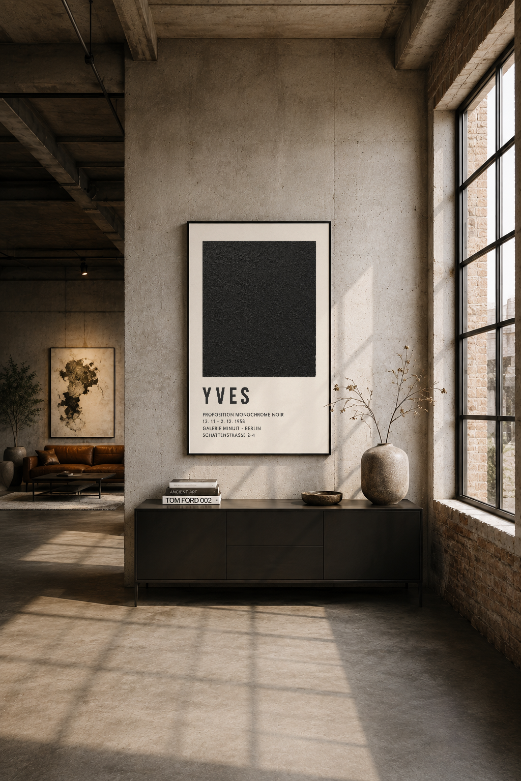 Endüstriyel loft alanında, siyah çerçeveli Yves Klein posteri duvarın merkezinde asılı.