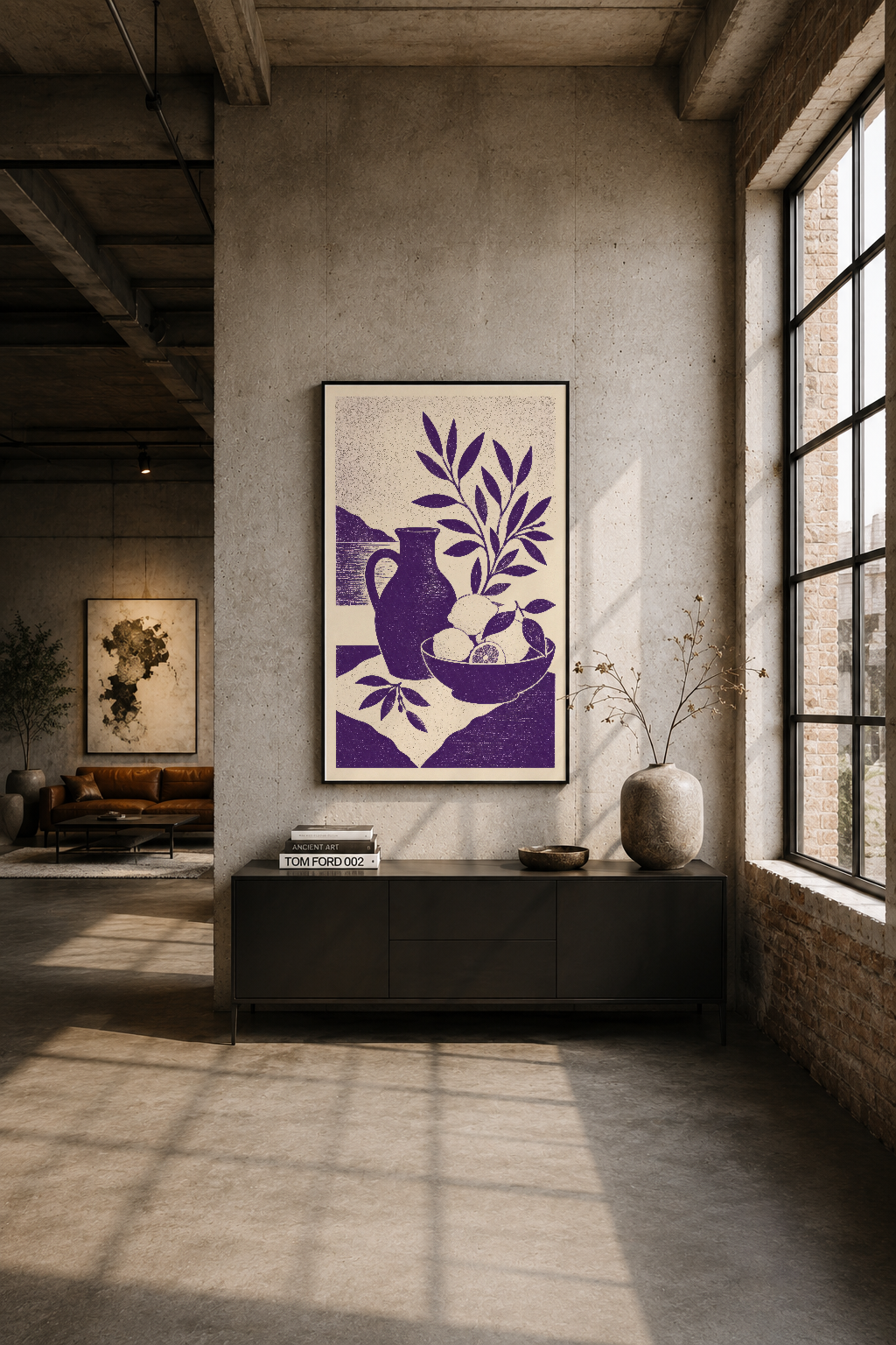 Endüstriyel loft tarzı mekanda siyah çerçeveli mor boho poster sergileniyor.