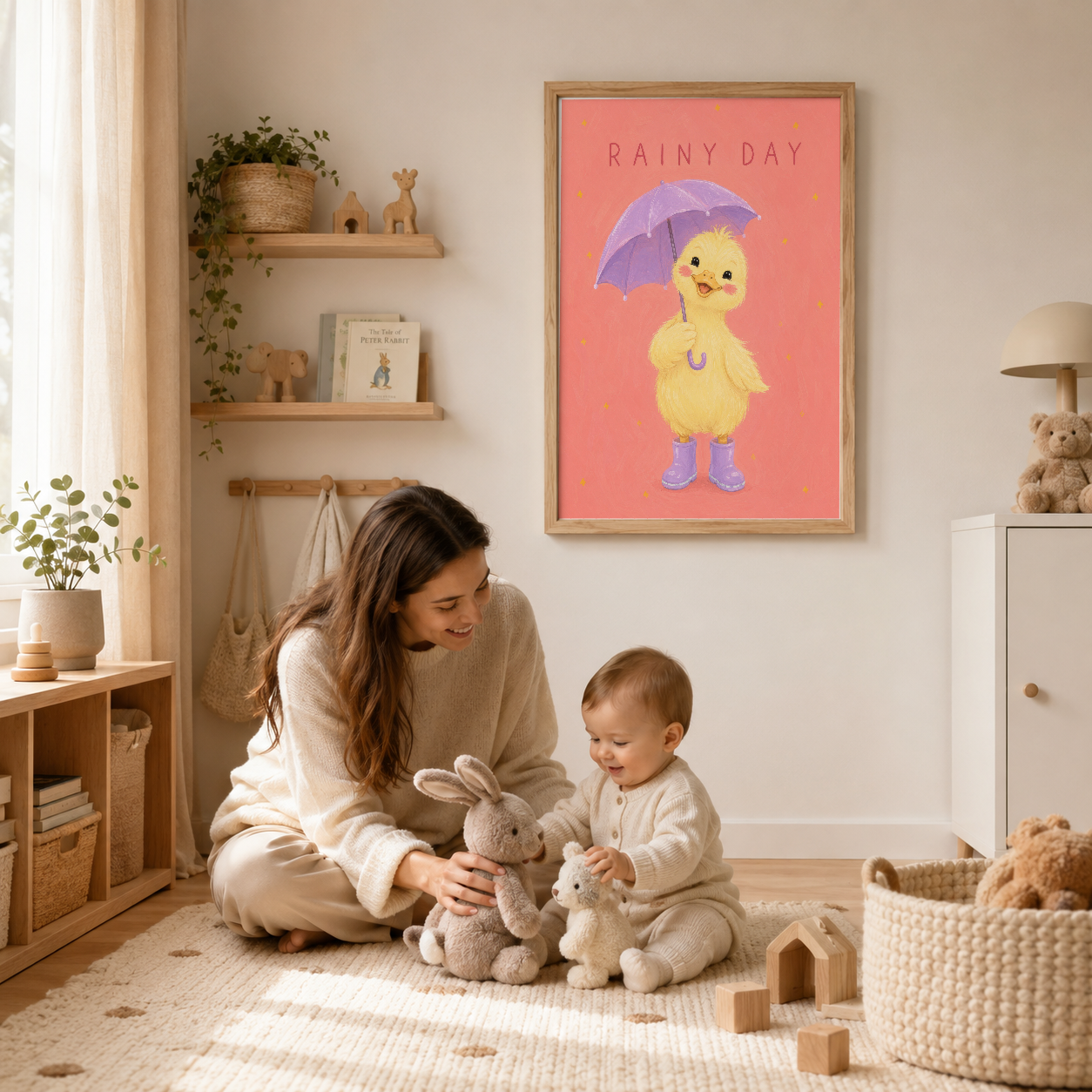 Bebek odasında ahşap çerçevede, oyuncaklarla dekore edilmiş Rainy Day ördek posteri