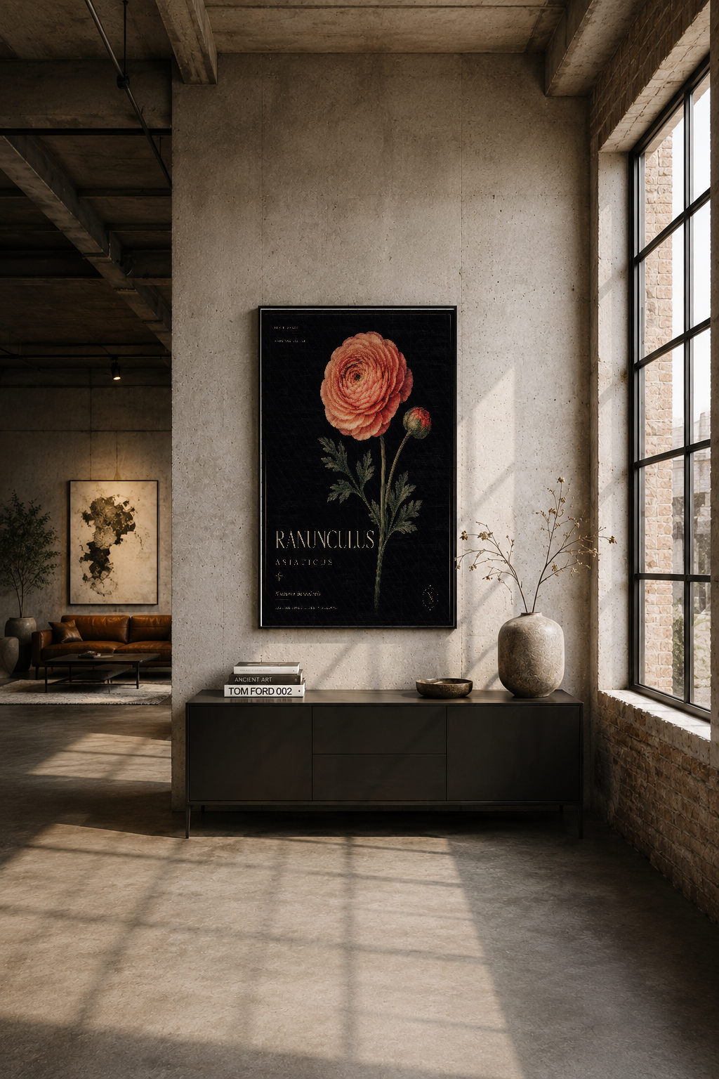 Endüstriyel şık oturma alanında, koyu çerçeveli Ranunculus tablosu duvar sanat olarak sergilenmiş.