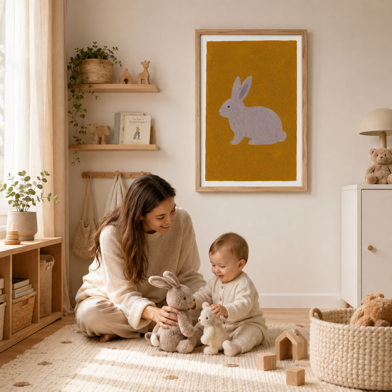 Çocuk odasında ahşap çerçeveli duvar tablosu, altın sarı fonda gri tavşan motifiyle oyun alanını süsleyen dekoratif eser.