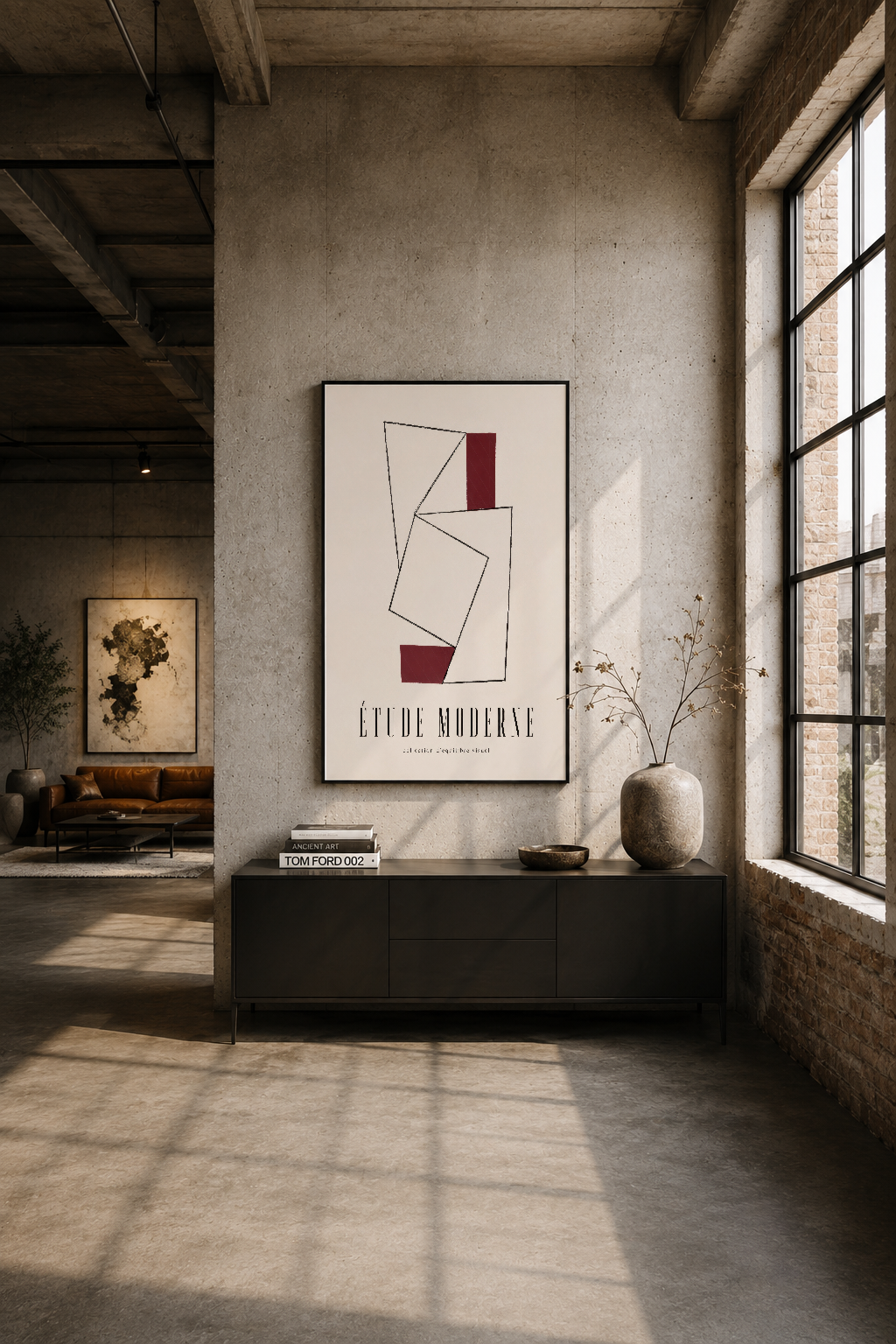 Industrial loft stilinde betonlu duvara asılı tablo, sadeliğin ve sanatsal minimalizmin mükemmel birleşimi.