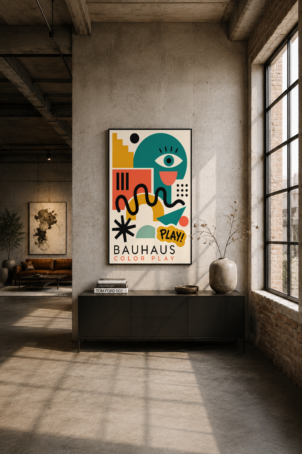 Bauhaus Color Play tablosu endüstriyel loft ortamında siyah çerçevede, beton duvarın üzerinde geometrik sanat yapıtı.
