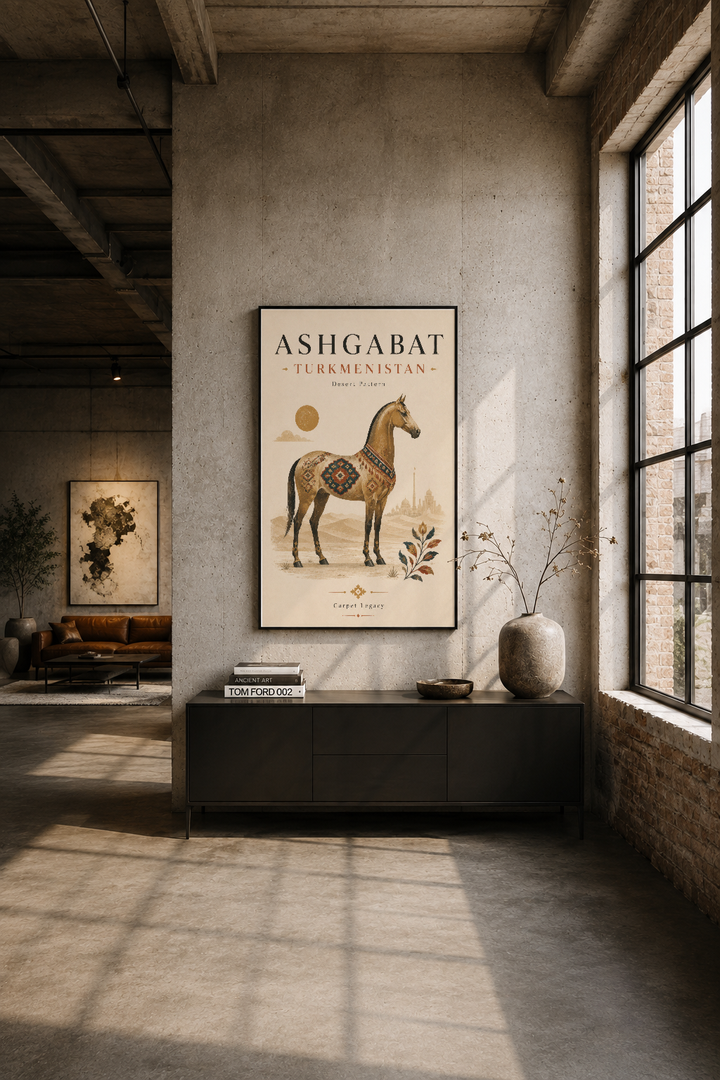 Industrial stil loft odasında siyah çerçeveli Ashgabat Türkmenistan at tablosu, duvar sanatı.