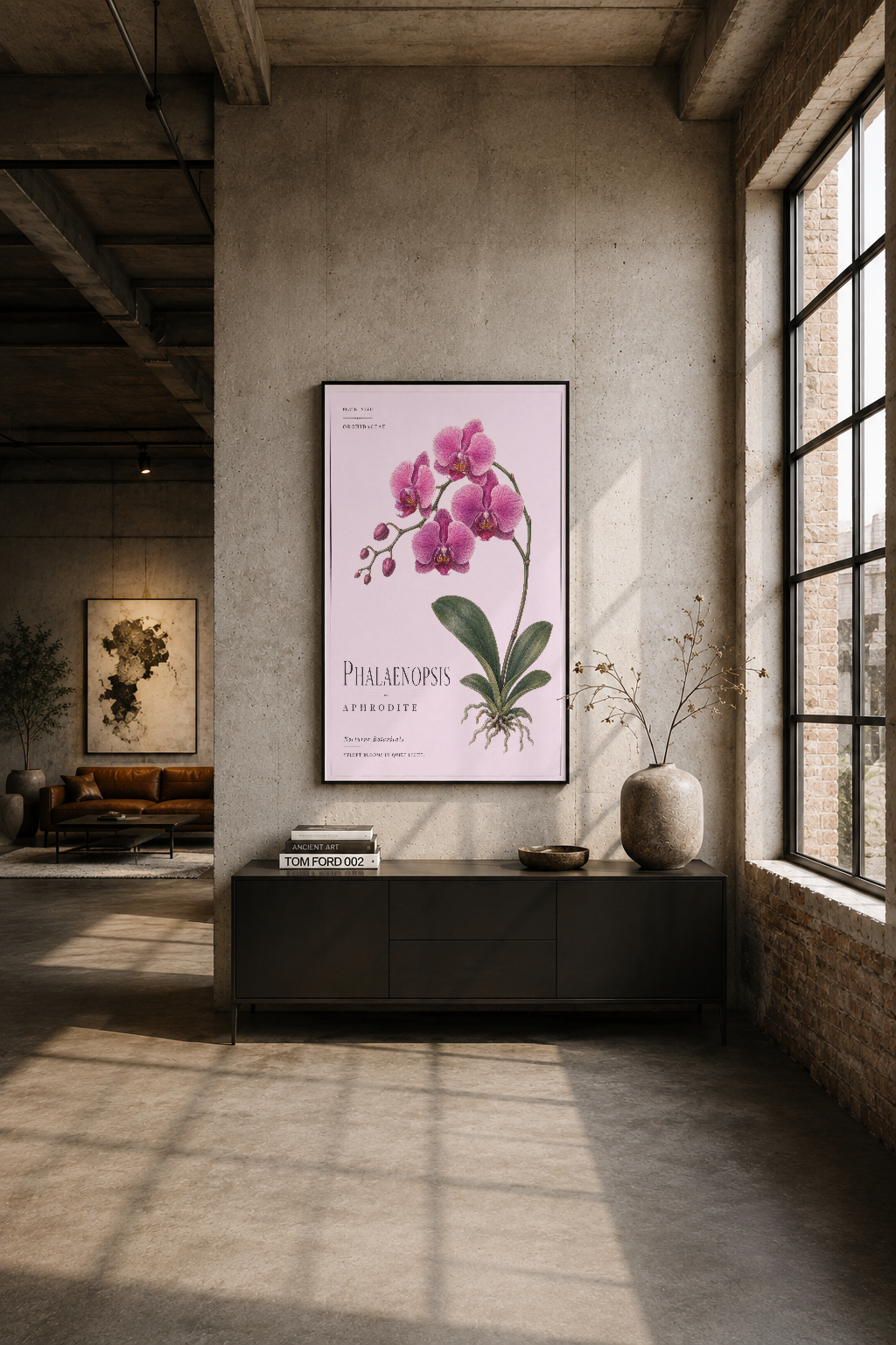 Modern loft alanında siyah çerçeveli, pembe orkide tablosu betonlu duvarı tamamlayan dekor.
