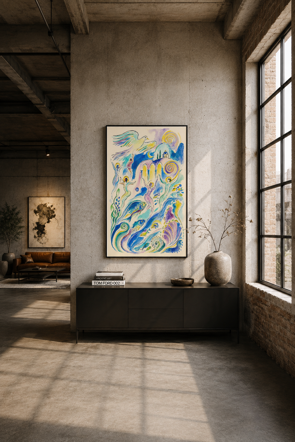 Modern loft ortamında siyah çerçeveli tablo, endüstriyel duvarın üzerinde renkli sanat eserini vurguluyor.